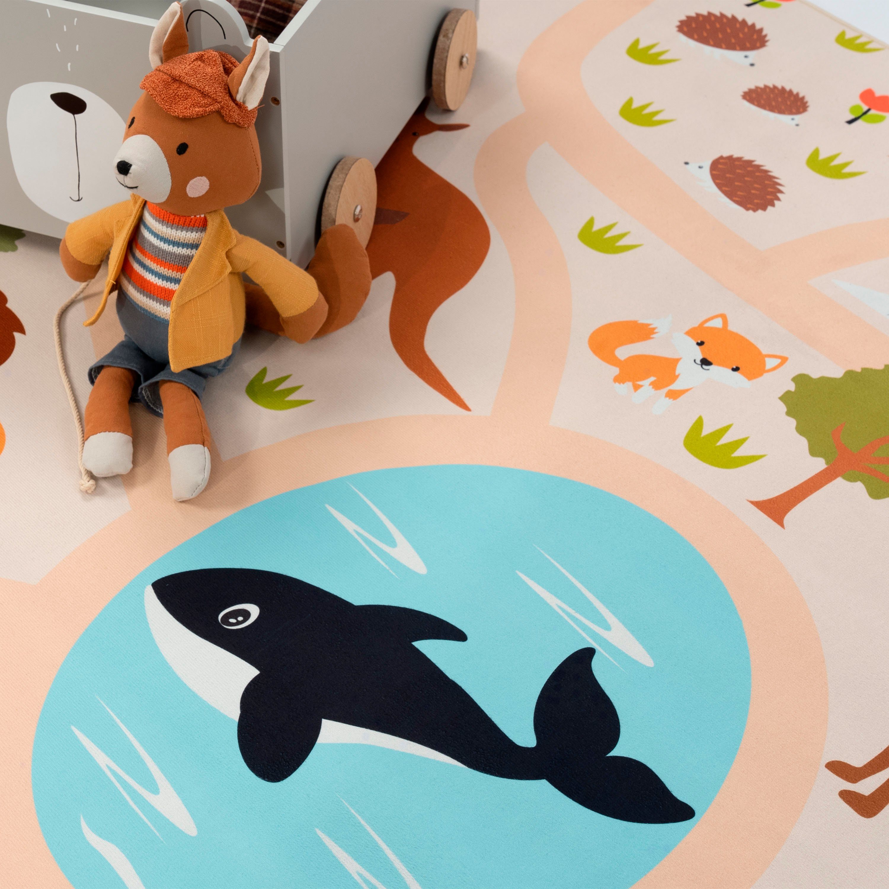 Paco Home Kinderteppich Bino 580, rund, Höhe: 4 mm, Spielteppich, Motiv Straße & Autos, Kinderzimmer