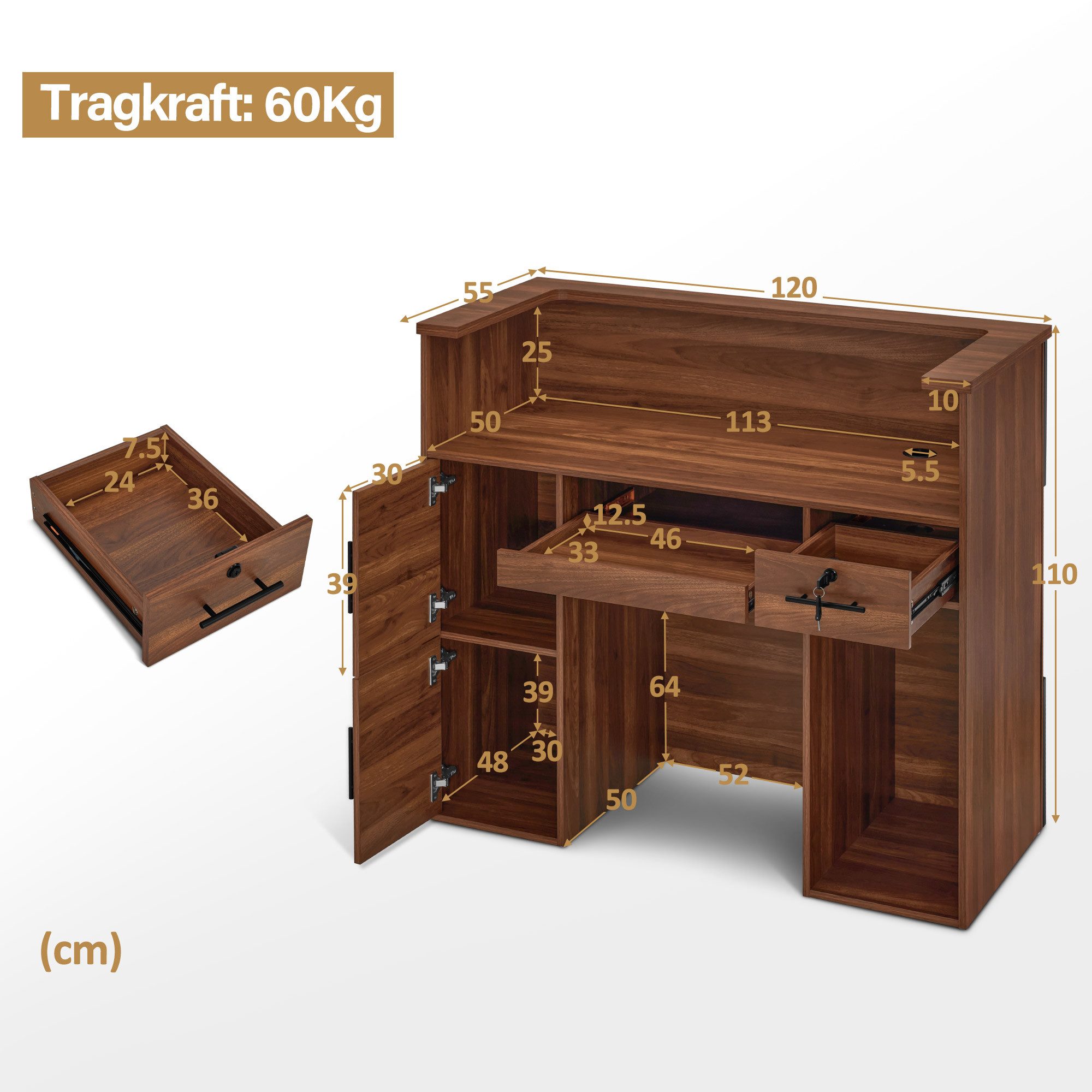 Barberpub Empfangstheke BarberPub Empfangstheke mit 2 Schubladen, Rezeptionstisch Braun R9760