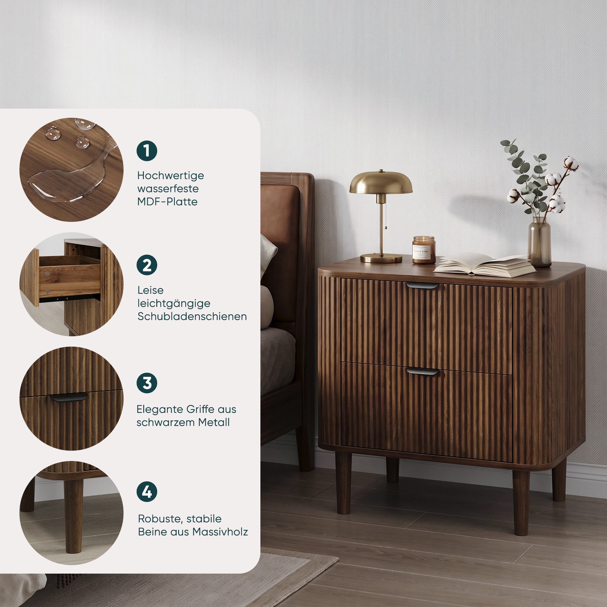 Celya Nachttisch aus Holz mit Rillenstruktur und 2 Schubladen (1er-set, geschwungener Nachttisch, Aufbewahrungsmöbel fürs Schlafzimmer) – Bild 4 von 5