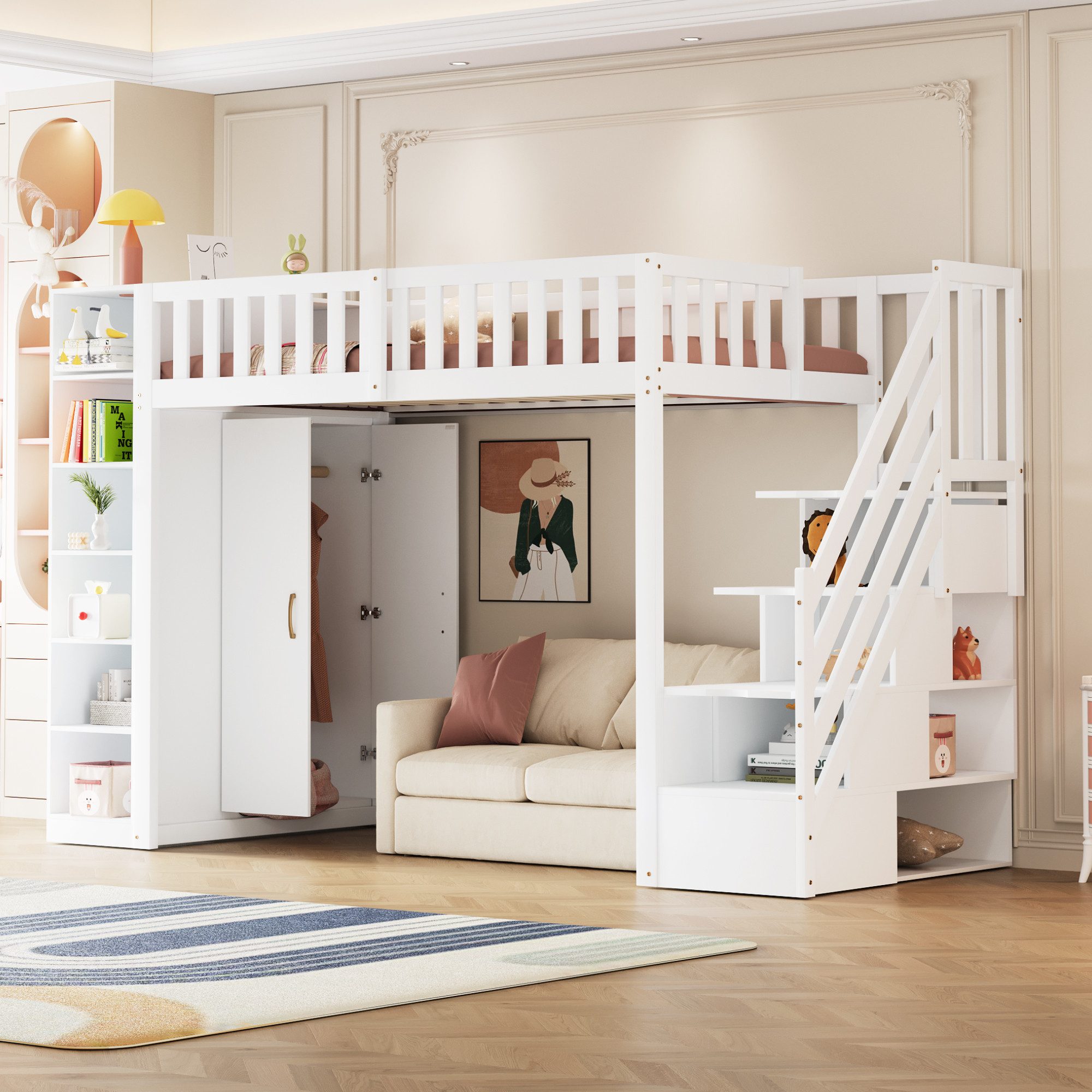 OKWISH Hochbett Kinderbett,Einzelbett,Stauraumbett,mit Stauraum, Regalen (90x200 cm mit Sicherheitsleiter, Stauraum und Kleiderschrank, 90x200cm) ohne Matratze