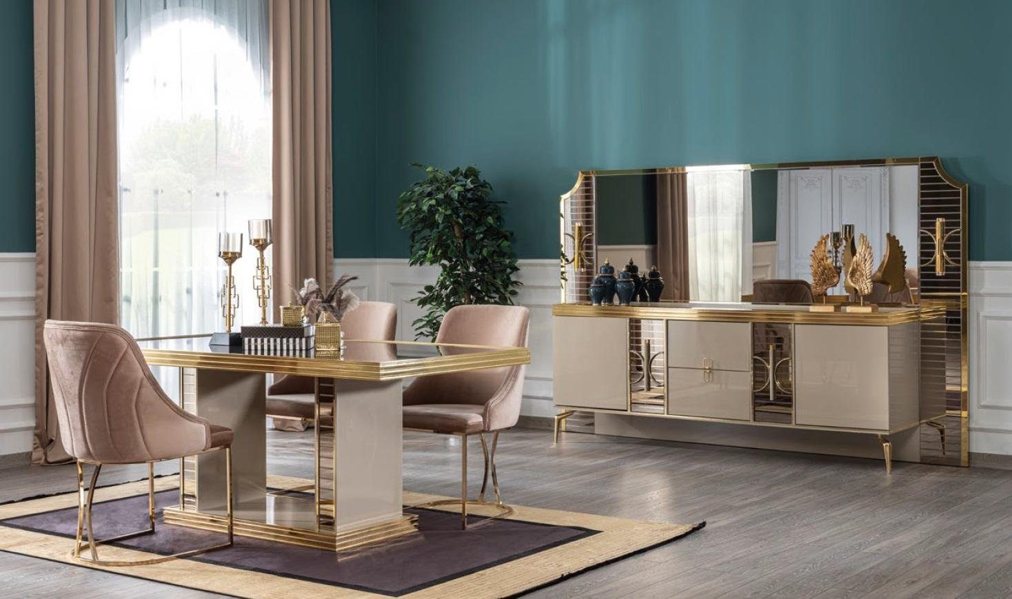 Anrichte Set (6-St., Modern + Tisch Esszimmer-Set, mit Sideboard JVmoebel Esszimmer + 4x Spiegel), Spiegel 4x Esstisch Stühle + Stühle