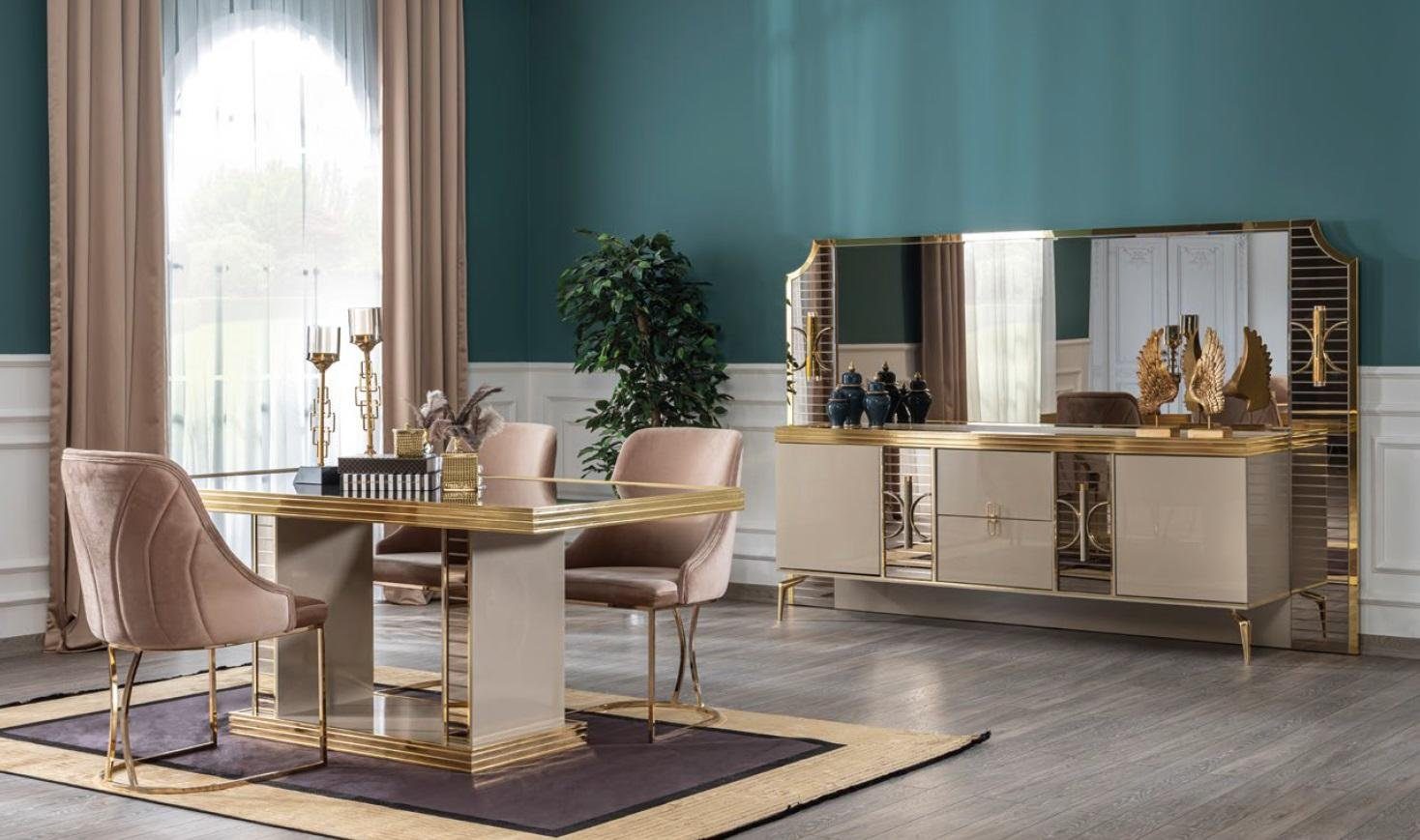 JVmoebel Esszimmer-Set, (6-St., Esszimmer 4x + mit Tisch 4x Set + Stühle Esstisch + Spiegel), Modern Stühle Sideboard Spiegel Anrichte