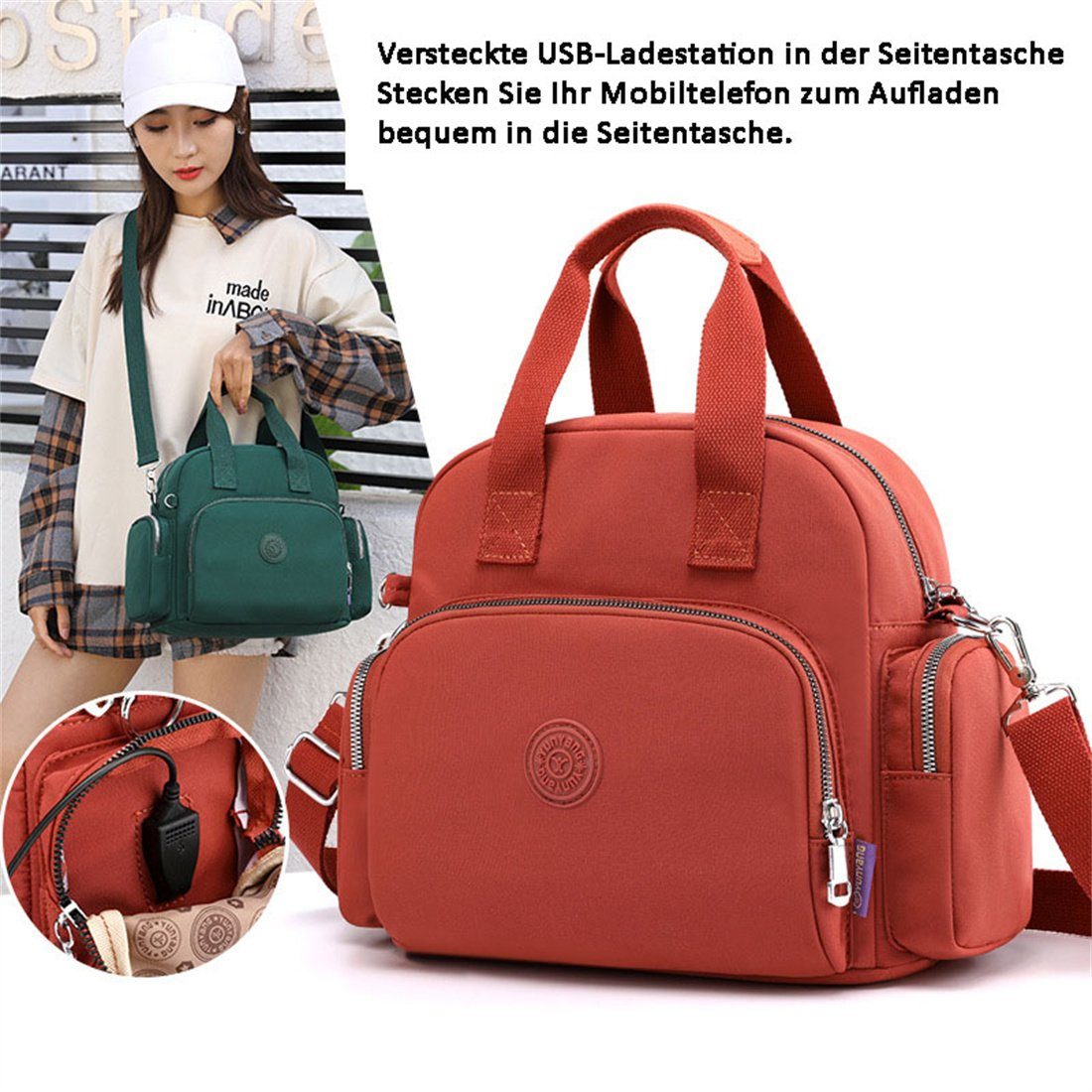 DÖRÖY Cityrucksack Mehrzweck-Umhängetasche für Rot USB-Lade-Rucksack für Reisen Frauen