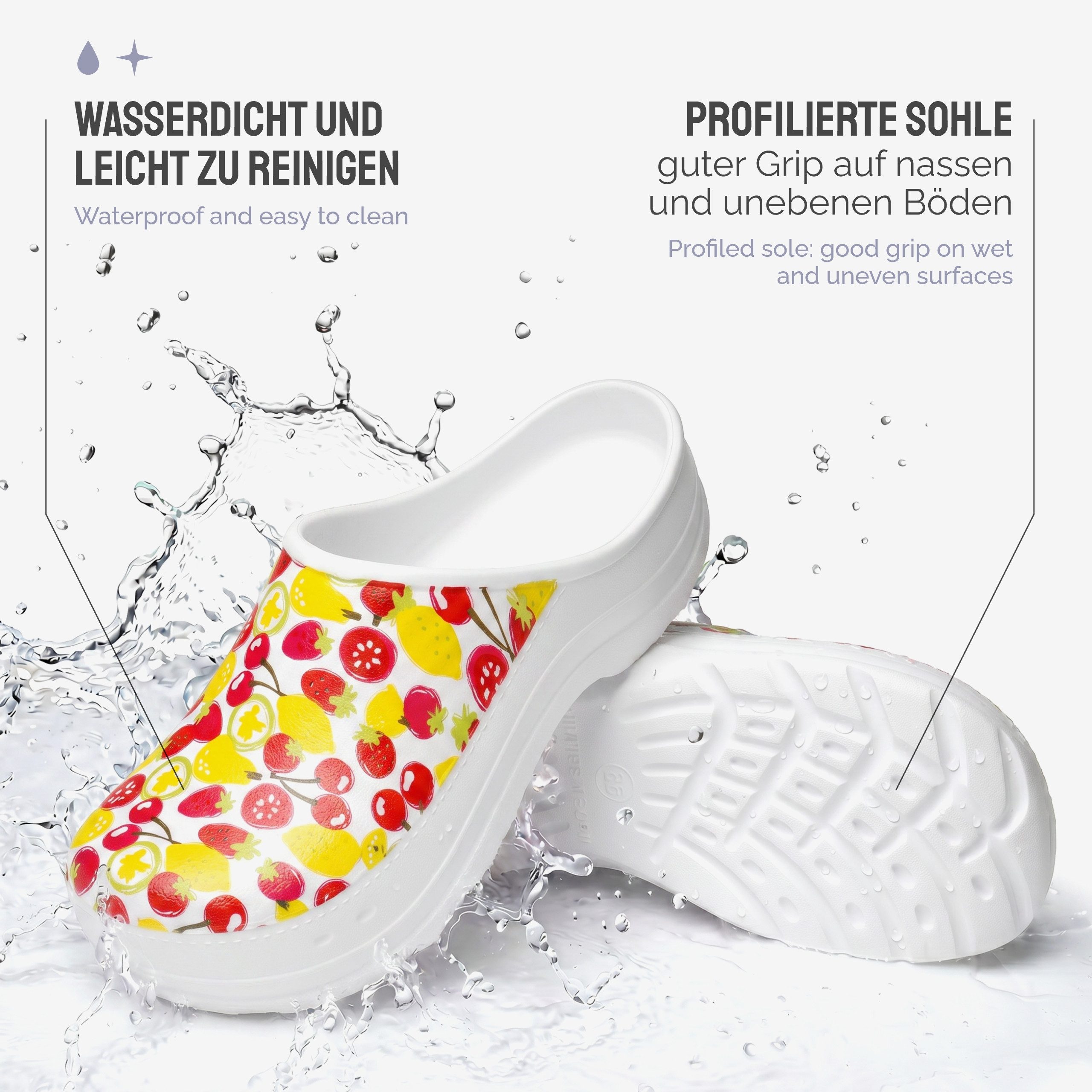 Ladeheid Gartenclogs für Damen Ultraleicht EVA Gemustert Gartenschuhe LA-CA-27 Clog (40 EU, Weiß/Fruchtmotiv1) Wasserdicht & Flexibel