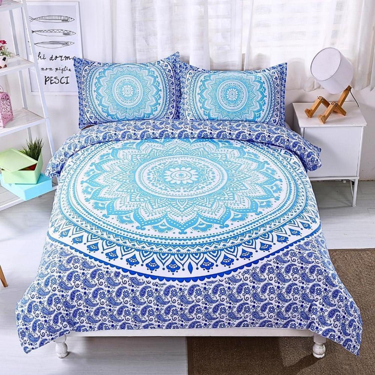 LuxusKollektion Bettwäsche Bettwäsche 135x200 Blau Weiß Mandala