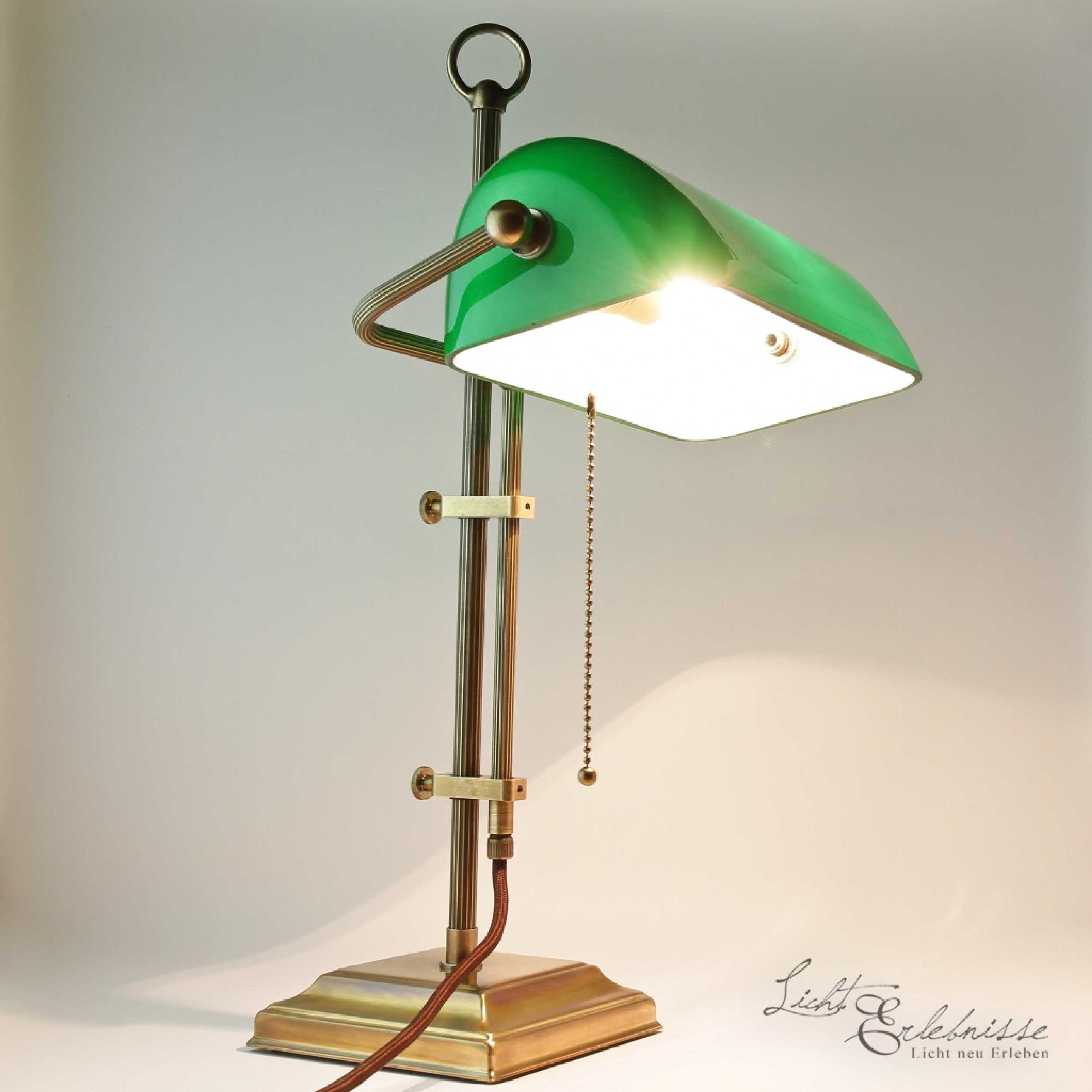 Grün E27 Jugendstil Leuchtmittel, Bankerlampe Echt-Messing 50 Glas W2, Licht-Erlebnisse Zugschalter Schreibtischlampe cm ohne