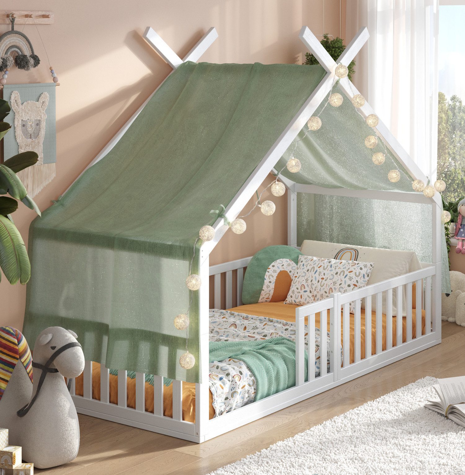 Hausbett Bodenbett DREAM SET aus Buche – FSC® 100%, Deko & Matratze optional