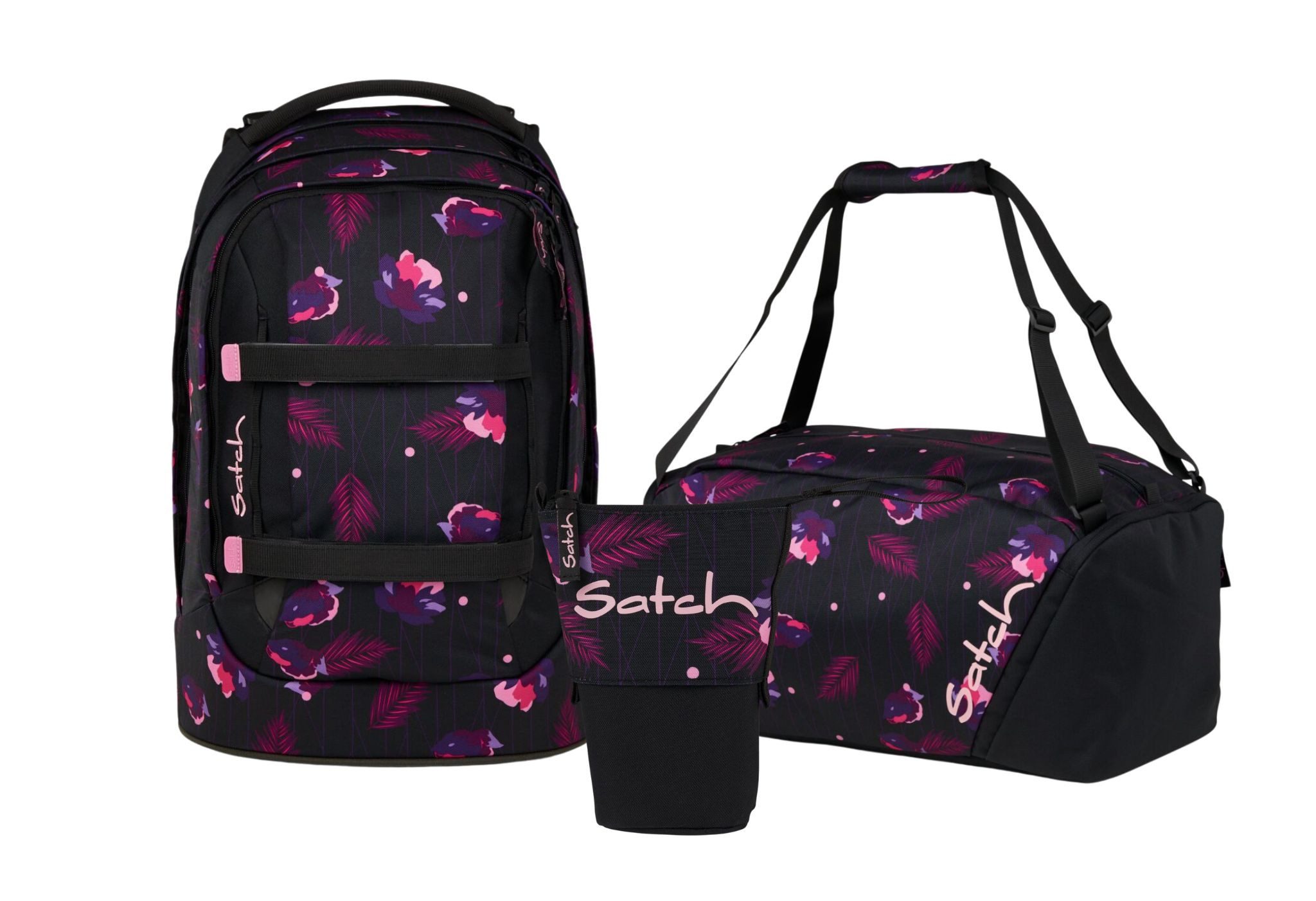 Satch Schulranzen Schulrucksack-Set PACK Mystic Nights 3-teilig (3-teilig), ergonomisch, Your-Size-System: auf Körpergröße anpassbar