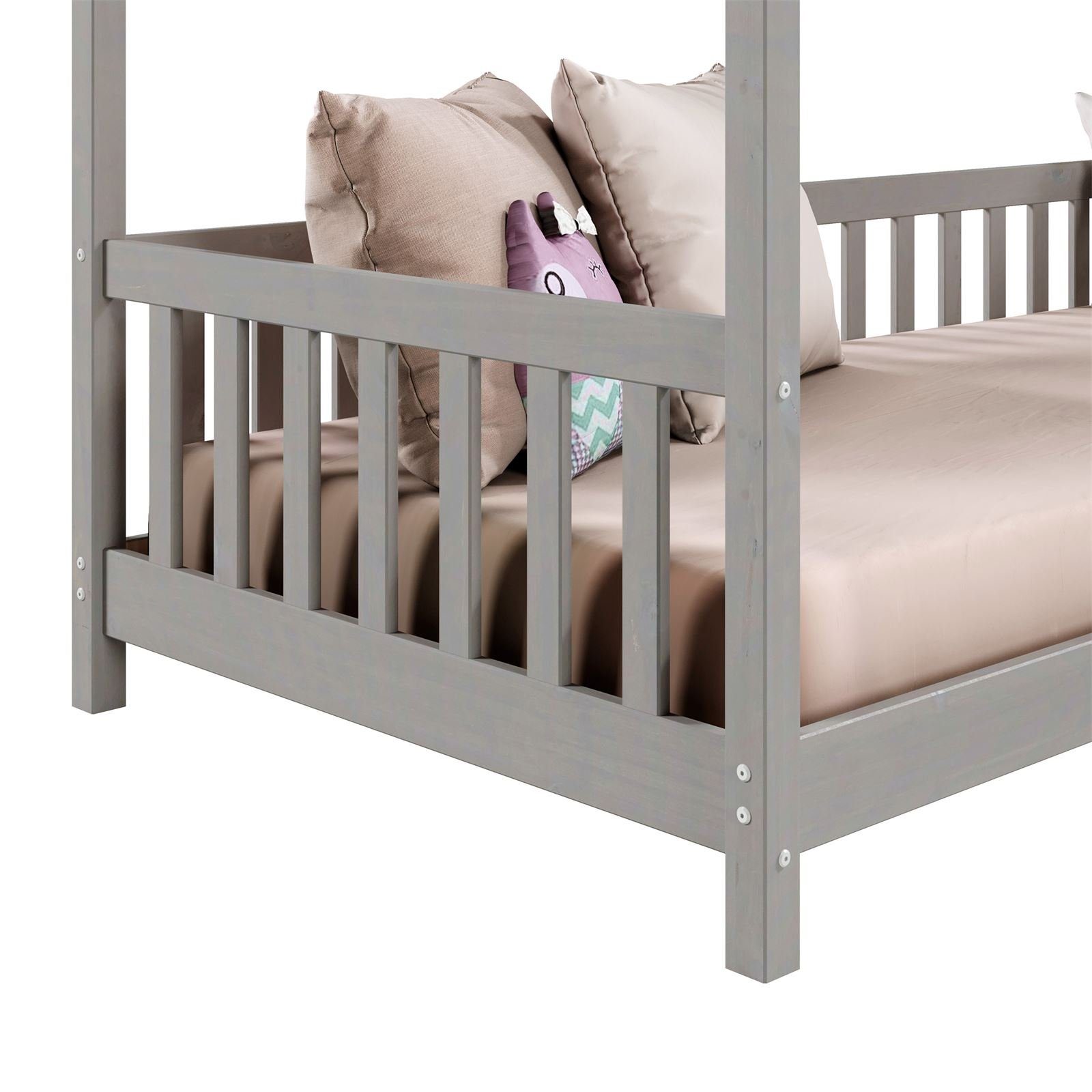 mit Hausbett und Tipibett Dach grau NINA, Bett rausfal Kiefer 90 Kinderbett IDIMEX x 200 Montessori