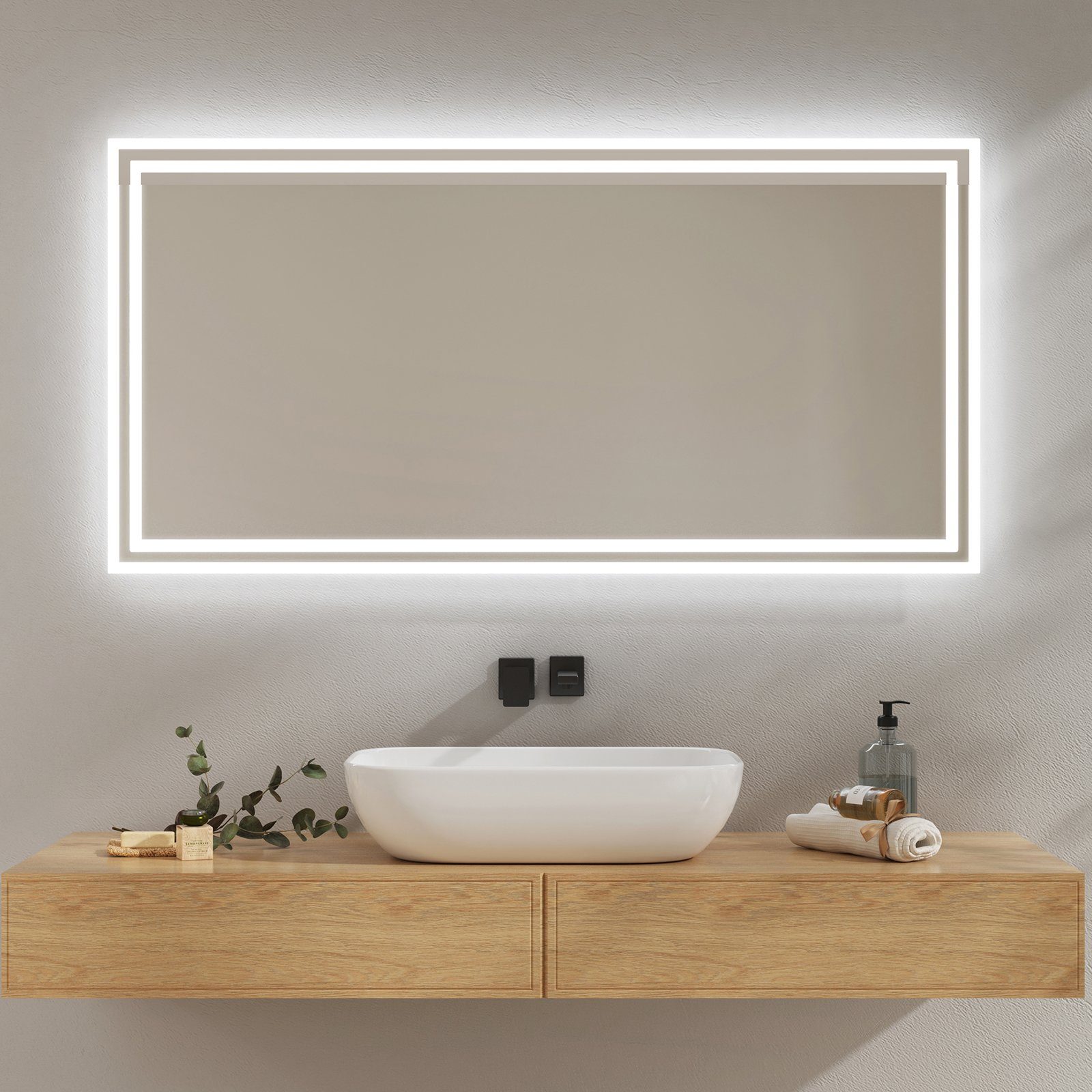 EMKE Badspiegel Badspiegel mit Beleuchtung LED Badezimmerspiegel Wandspiegel, Beschlagfrei, 2 Farben des Lichts, Druckknopfschalter