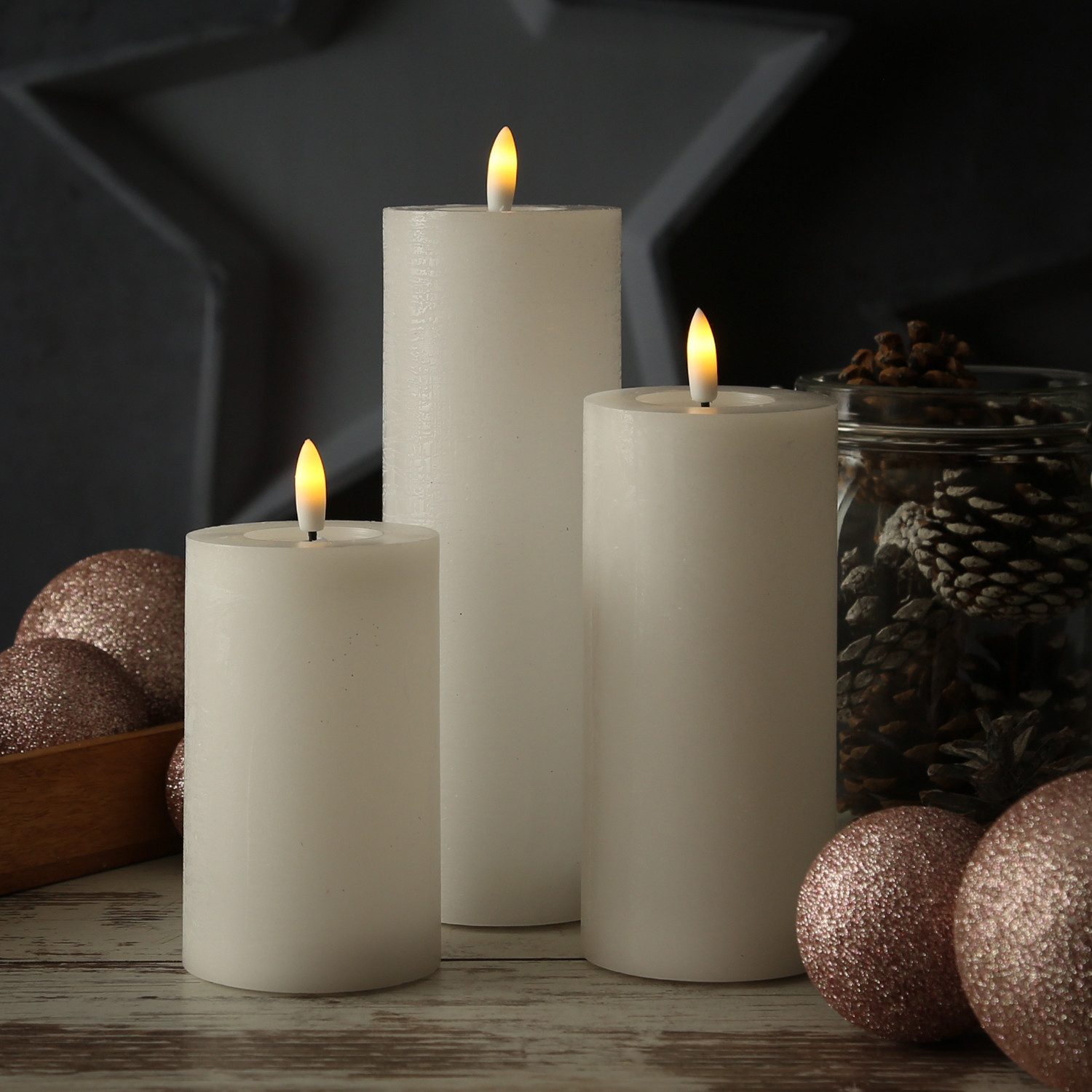 Adilina LED-Kerze Kerzenset LINA Rustik Optik für Adventskranz 3 Größen Timer weiß 3St, LED Classic, warmweiß (2100K bis 3000K)
