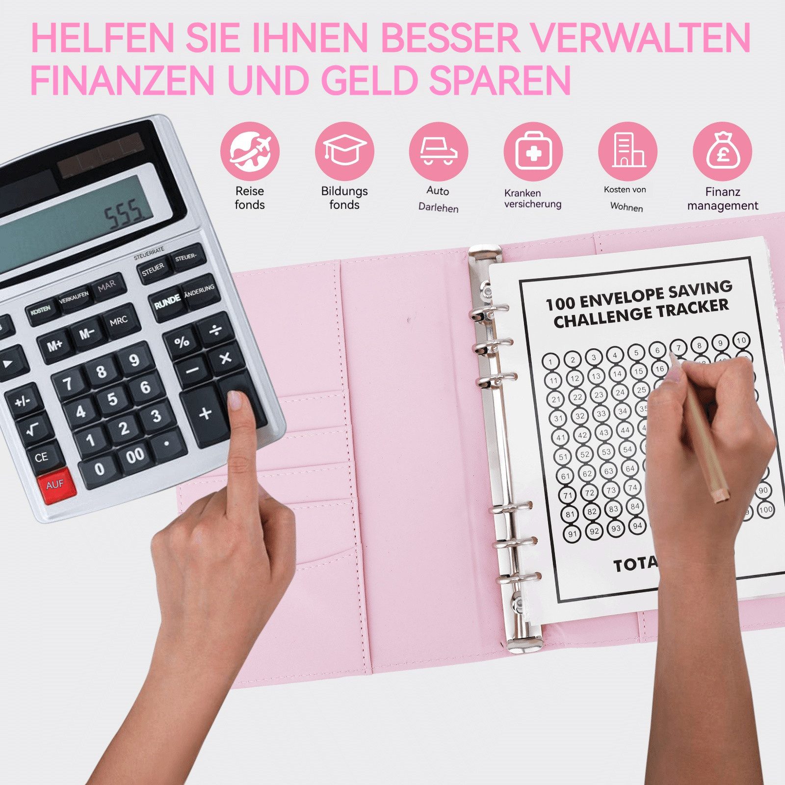 BlingBin Ringbuchmappe Geldsparbinder Budget Planner, 100 Umschläge A5-Spar-Challenge-Ordner (1er Set, 1-St., 25 Blatt Vierer-Kartonfolie + ein Blatt 100-Tage-Kartonpapier), Budgetplaner Geld Organizer Sparbuch, Finanzplaner, für Zuhause Schule