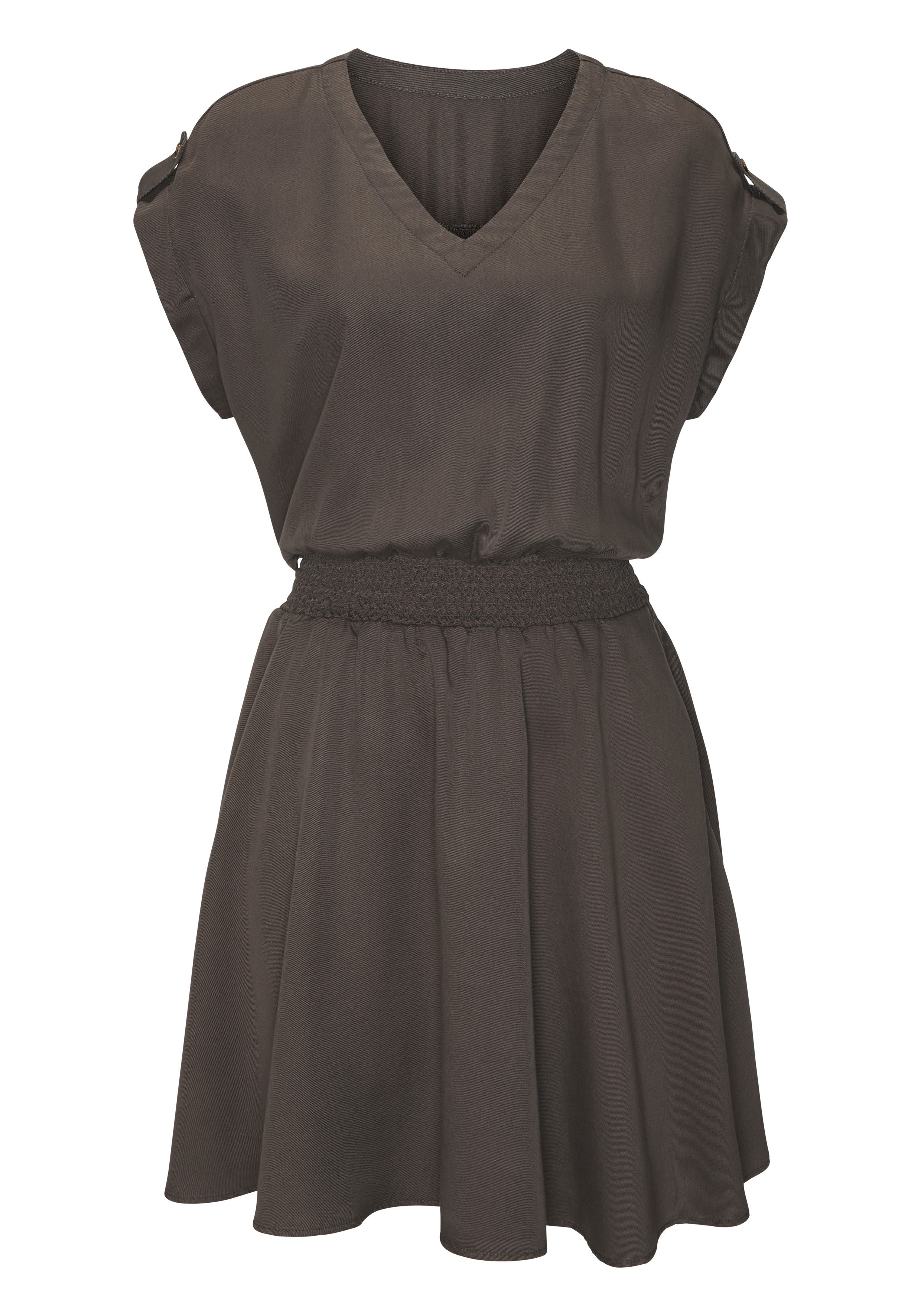 Buffalo Sommerkleid mit V-Ausschnitt aus weicher Lyocellware kurzes Kleid, figurumspielendes Sommerkleid, Strandkleid, Tunikakleid. € 69,99