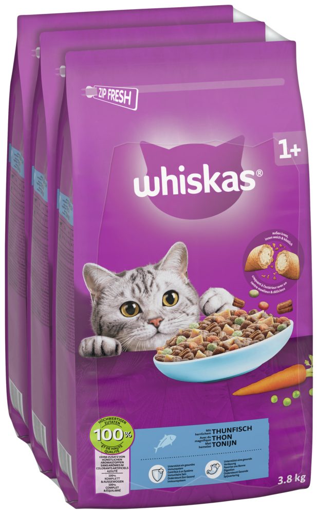 Whiskas WHISKAS® Beutel Trocken Adult 1+ mit Thunfisch 3 x 3,8kg, Trockenfutter für: Katze