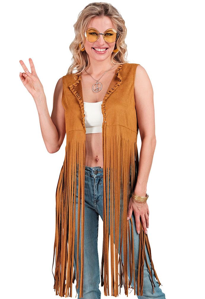 Hippie-Kostüm Damen Flower Power Weste lang mit Fransen