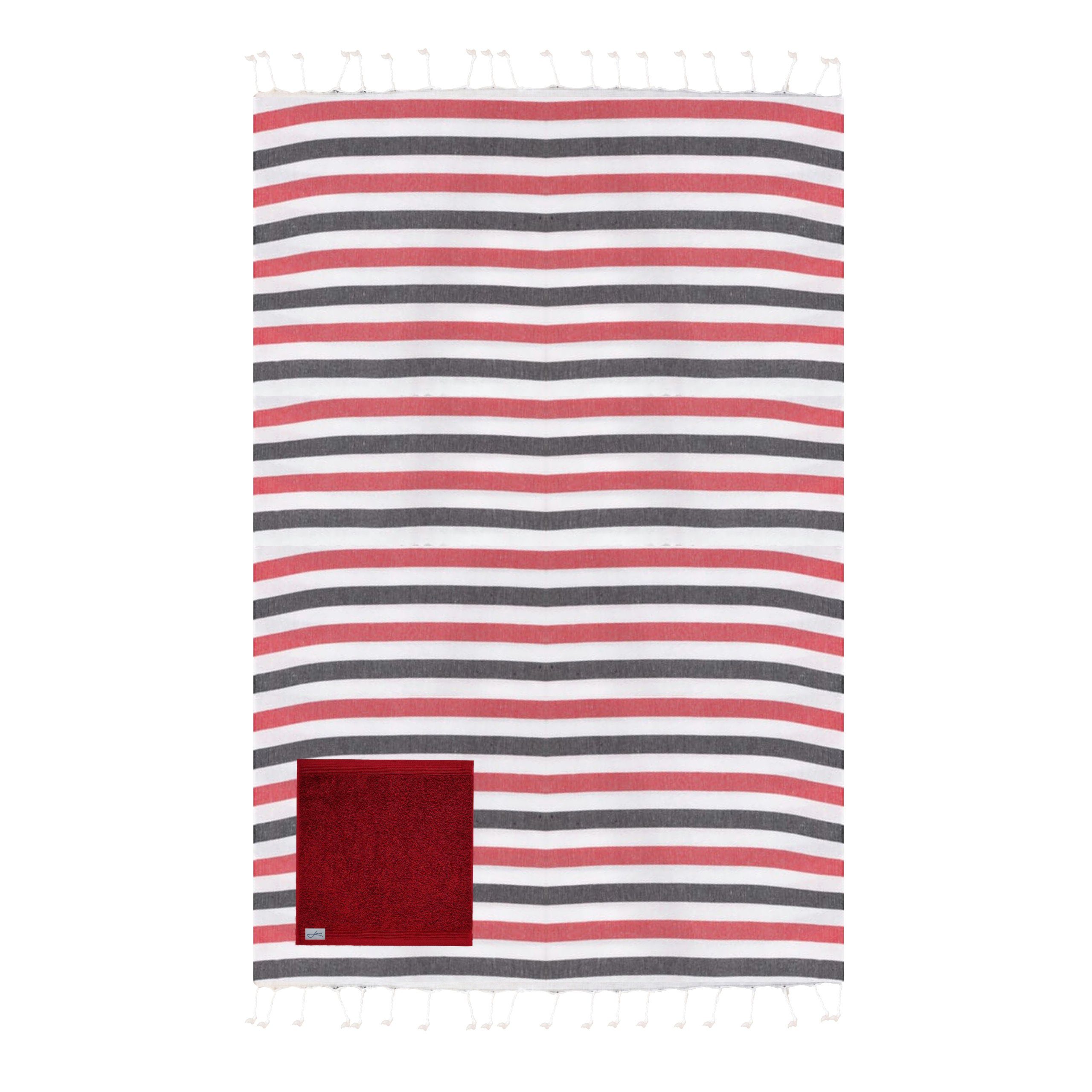 Lou-i Hamamtuch Strandtuch gestreift mit Tasche Hamamtuch, trocknet schnell rot-blau-weiß | Saunahandtücher