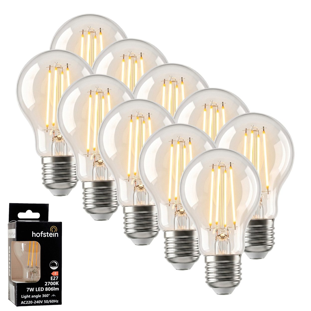 hofstein LED-Leuchtmittel 10er Set Glühbirne Warmweiß dimmbar 7 Watt, E27, 2700 Kelvin, 800 Lumen, Klassisch, Filament, Klar