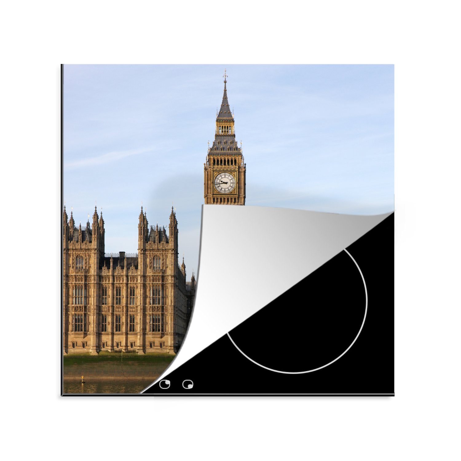 MuchoWow Herdblende-/Abdeckplatte Frontansicht des berühmten Big Ben in England, Vinyl, (1 tlg), 78x78 cm, Ceranfeldabdeckung, Arbeitsplatte für küche