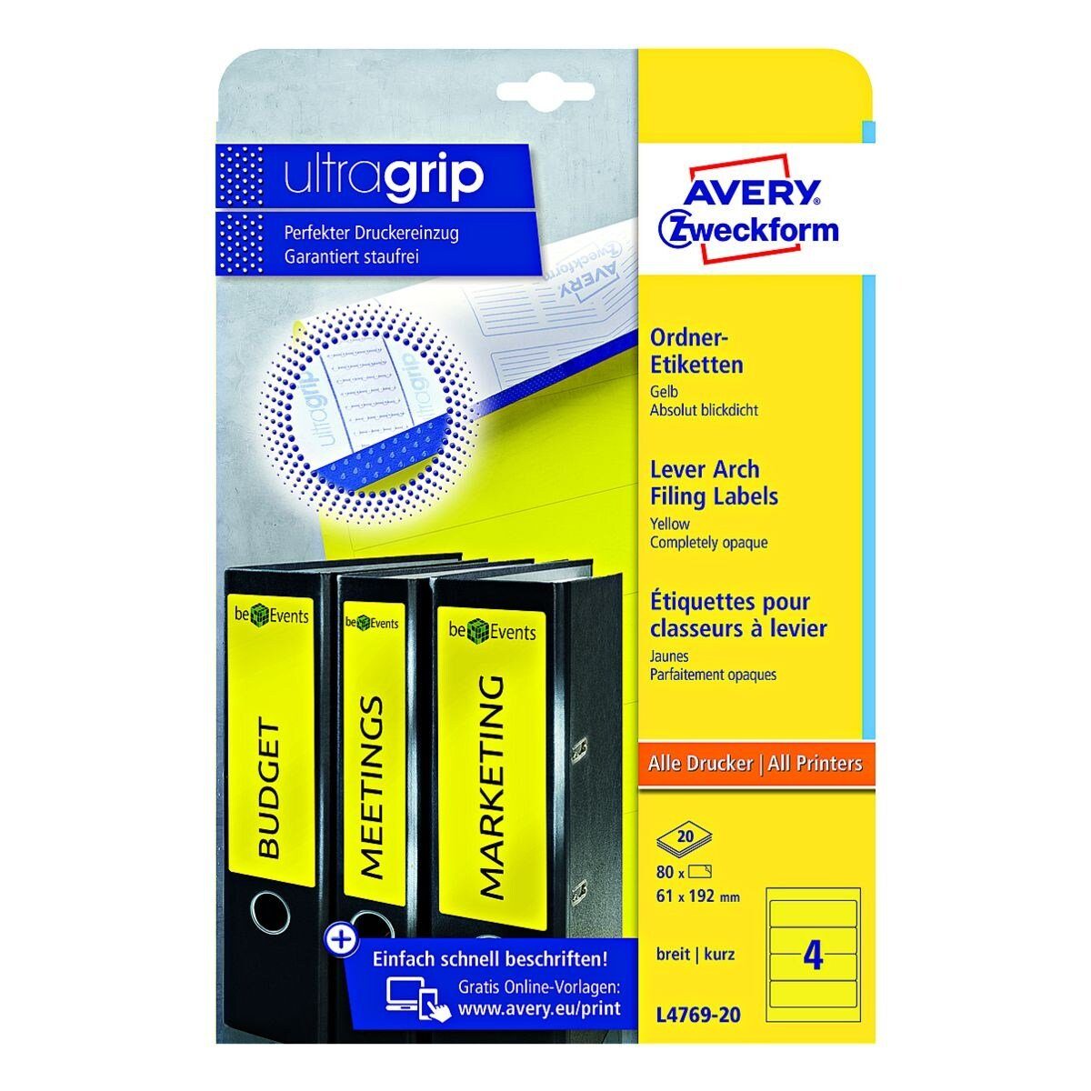 Avery Zweckform Etiketten L4769-20, 80 Stück, kurz/breit (61x192 mm), selbstklebend, blickdicht