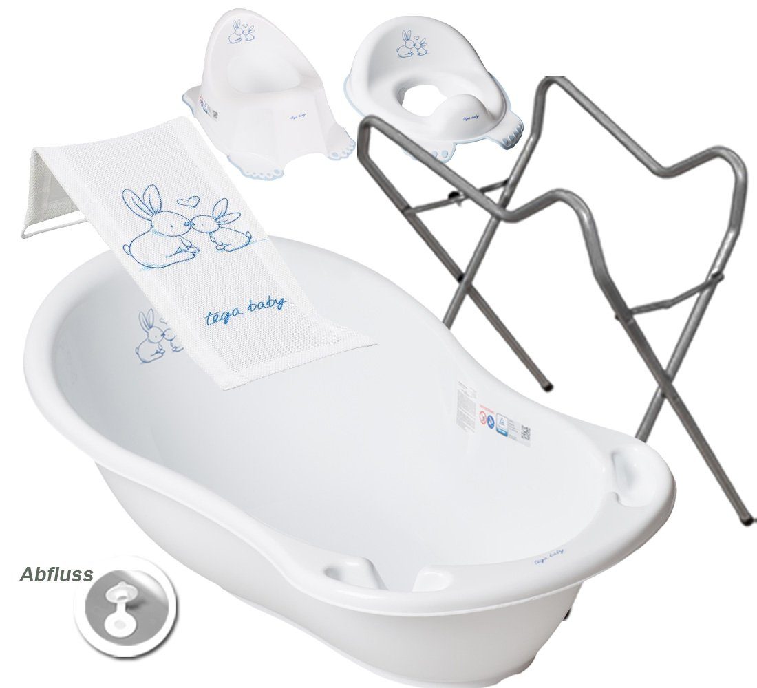 Gestell Weiss Babywanne+ in + H BUNNIES Aufsatz - 4 Tega-Baby Babybadeset Abfluss, Europe TEILE Gestell ** + SET Set), Babybadewanne + Grau- - Premium (Made WC Topf ** Badesitz