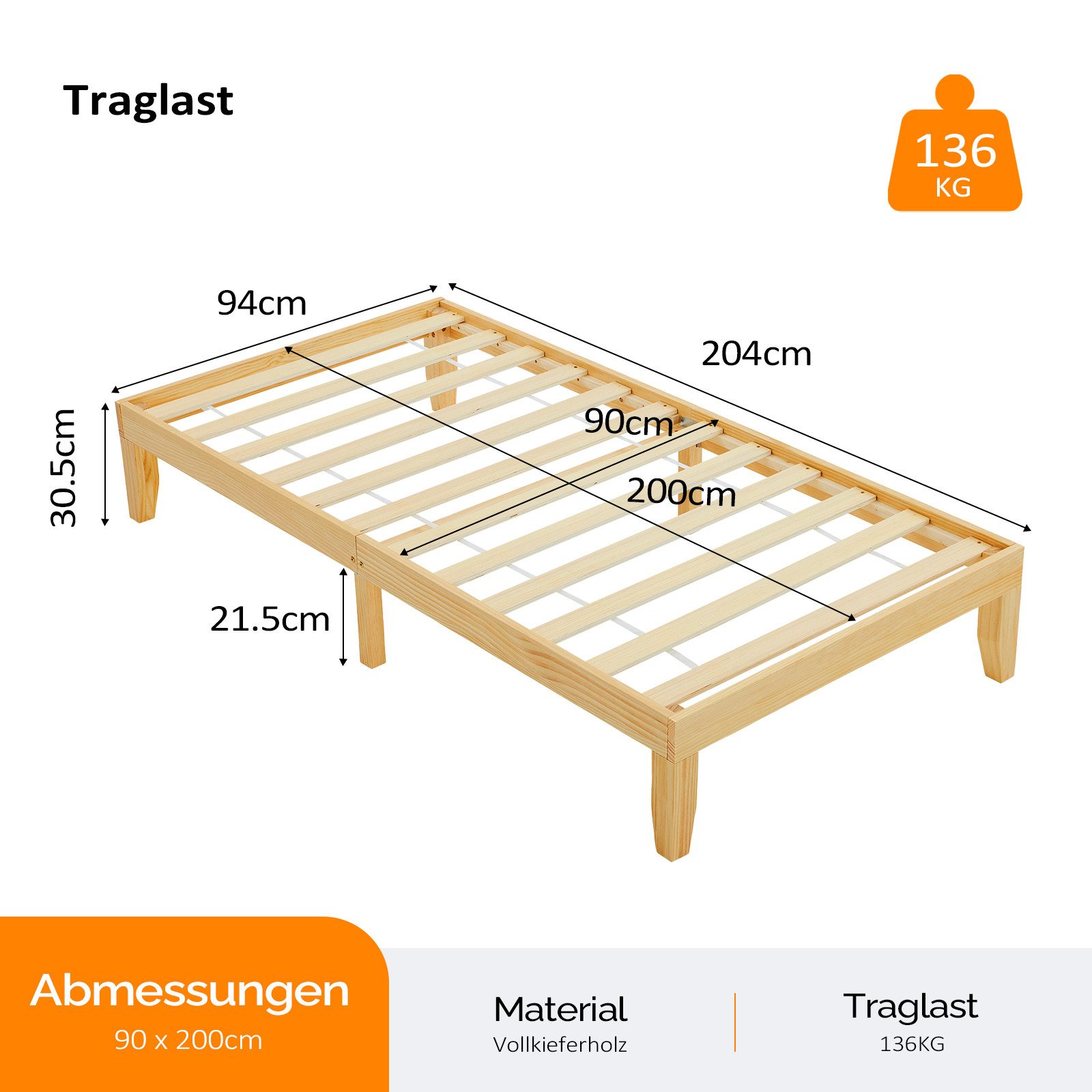 VINGLI Bettgestell 90x200cm/140x200cm/160x200cm, Holzbett mit Lattenrost günstig online kaufen