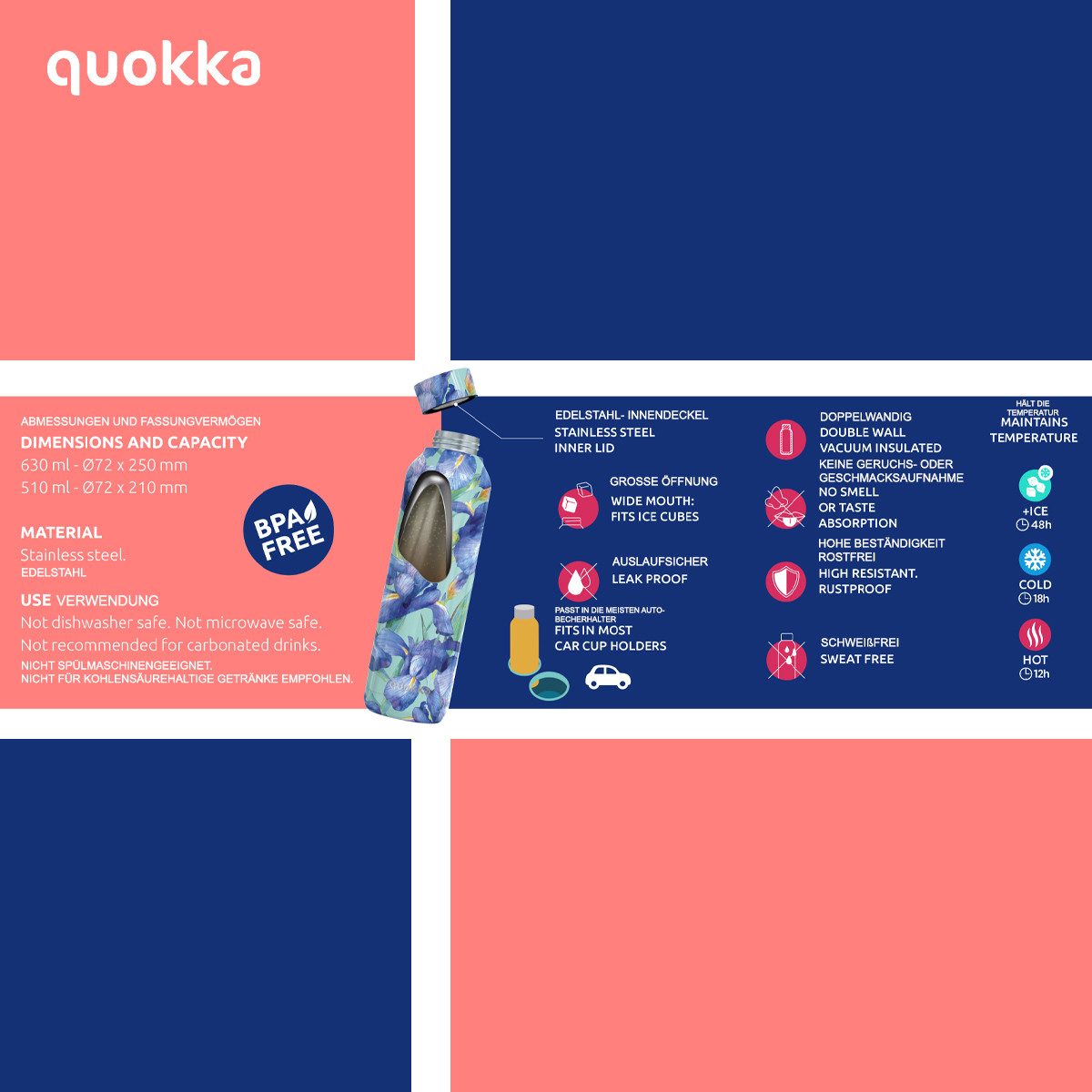 Quokka Trinkflasche Quokka 510 ml GRAY BOUQUET Edelstahl Doppelwandig Heiß Kalt isoliert