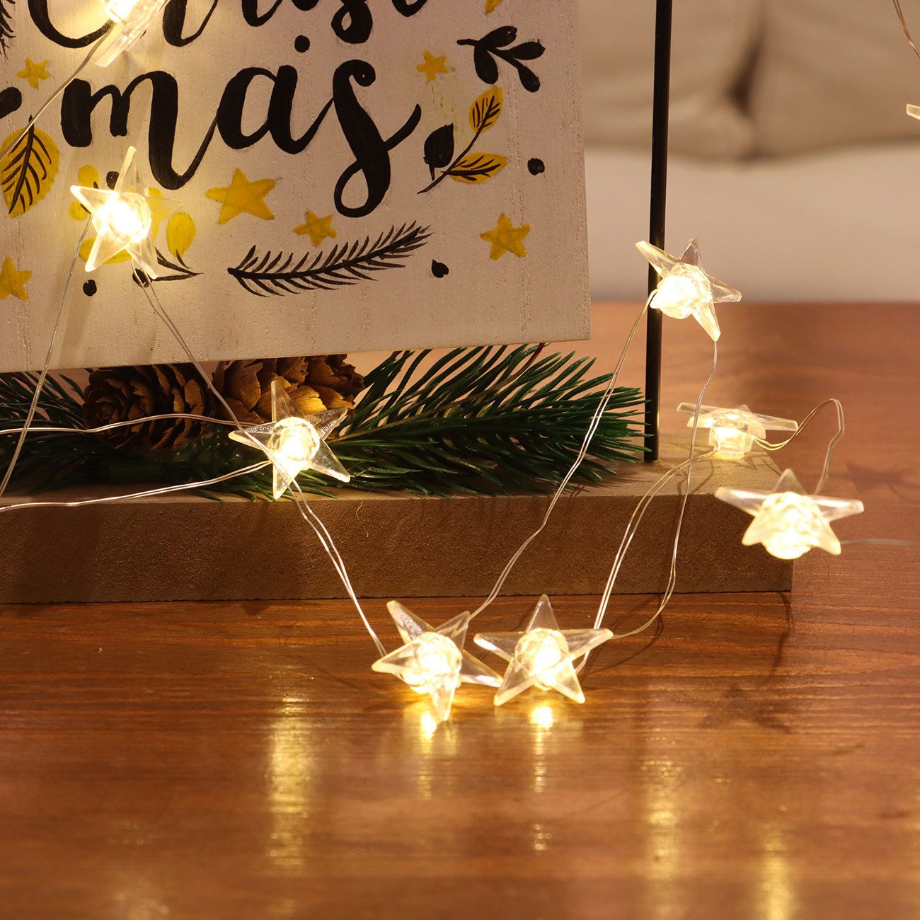 shop'n smile ideoon LED-Lichterkette LED Sternen-Lichterkette, 4,2m Warmweiß mit 40 transparenten Sternen, 40 transparente Deko-Sternen im Abstand von 10cm/Batteriebetrieb