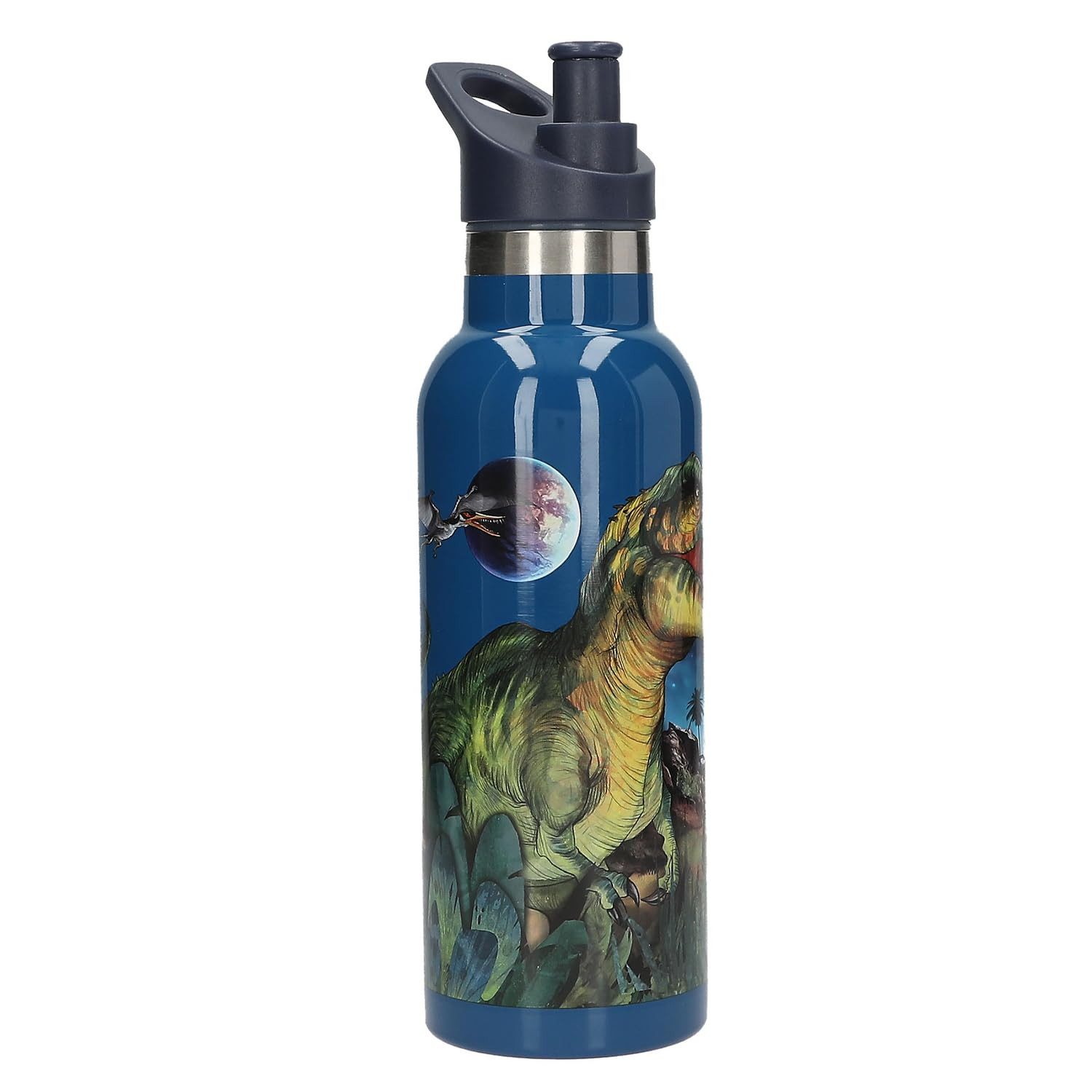 Depesche Schmuckset Dino World Galaxy Trinkflasche Dunkelblau 500 ml Edelstahl, Dinosaurier Motiv, Sportflasche – Bild 4 von 4