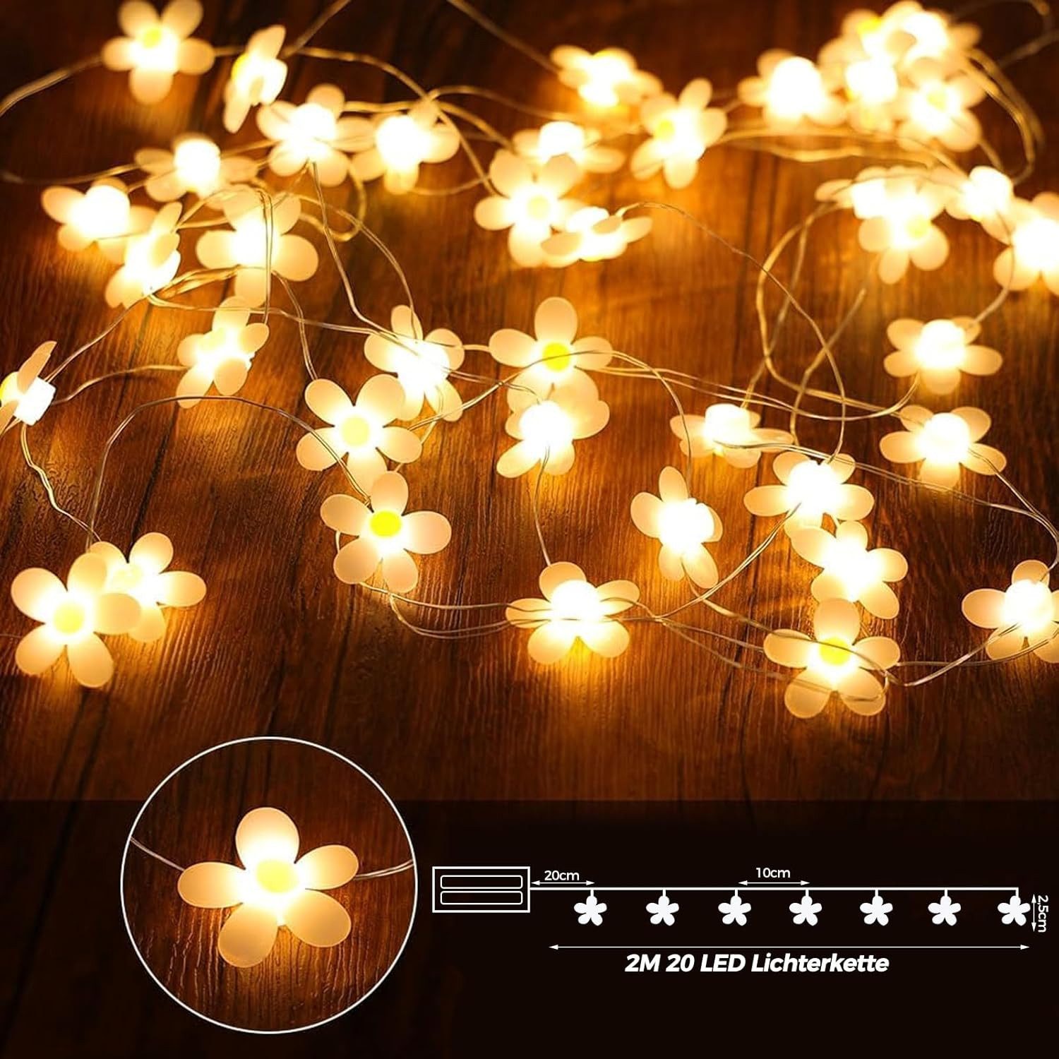 FELIXLEO LED-Lichterkette 2 Gänseblümchen Lichterkette 2 m 20 LED Batterie Warmweiß Deko