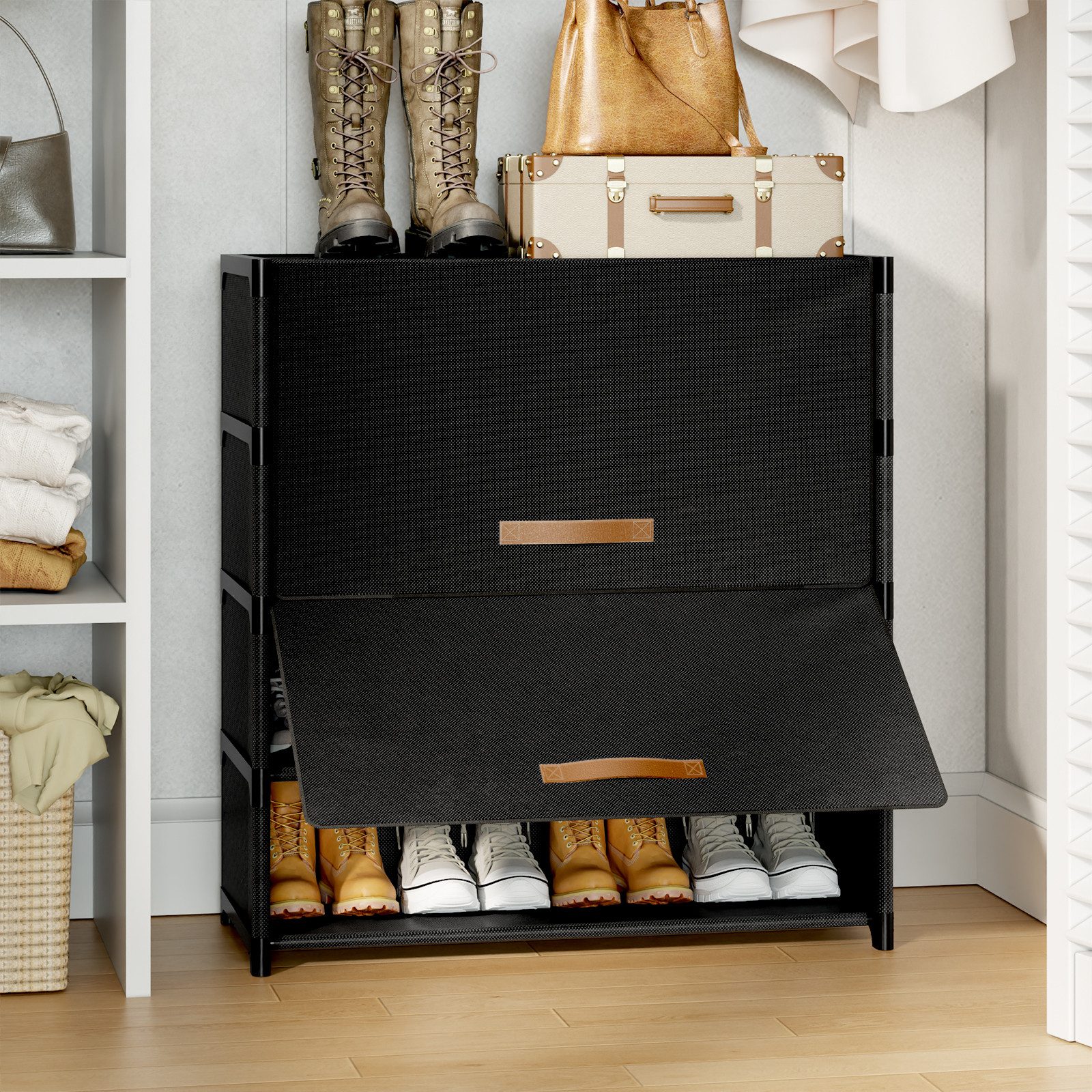 FABATO Schuhschrank Kunststoff-Schuhorganizer, Schuhschrank mit Tür in Schwarz (1-St) 5-stufiger Schuhschrank mit Tür – Platz für 20 Paar Schuhe