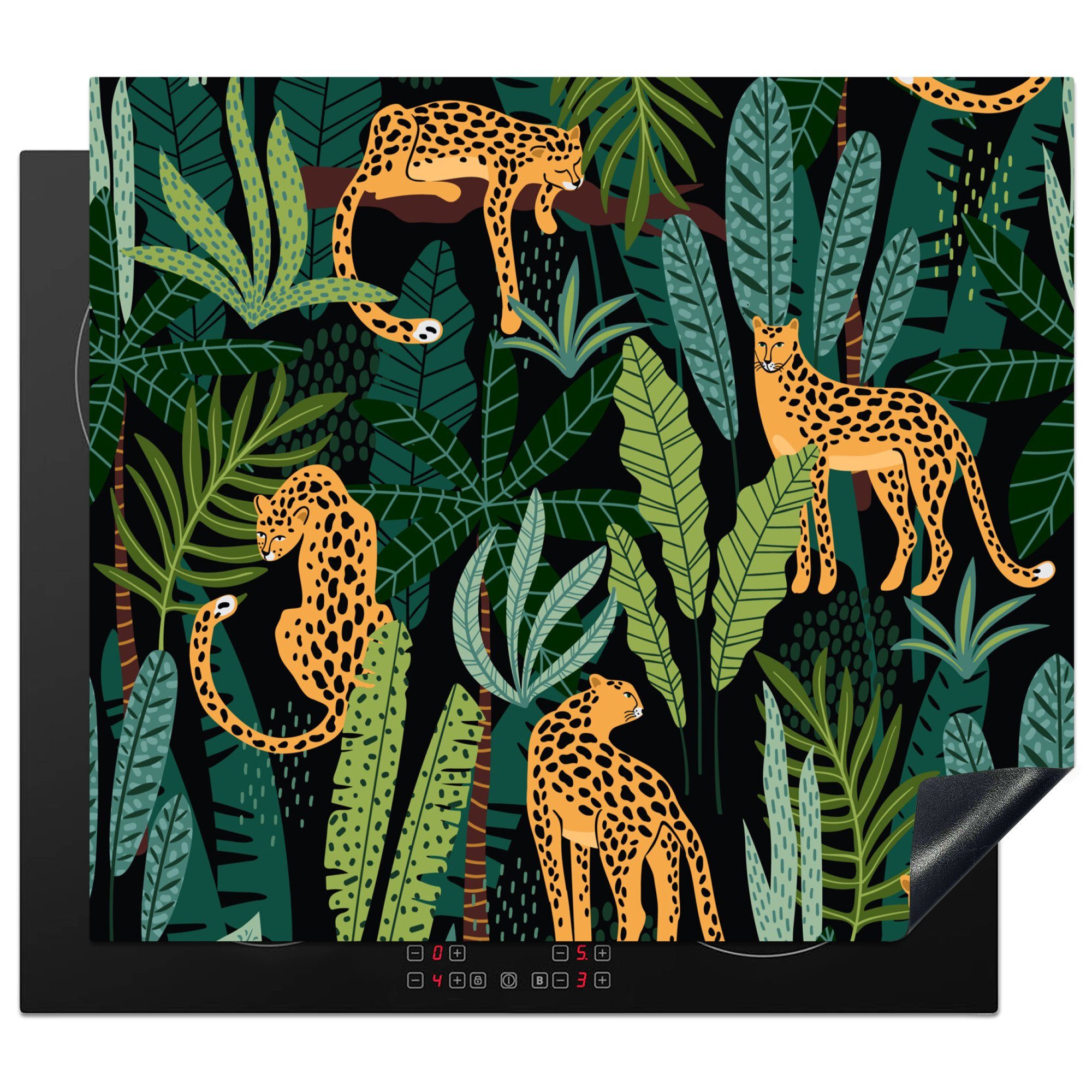 MuchoWow Herdblende-/Abdeckplatte Dschungel - Panther - Muster - Jungen - Mädchen - Pflanzen, Vinyl, (1 tlg), 59x52 cm, Ceranfeldabdeckung für die küche, Induktionsmatte