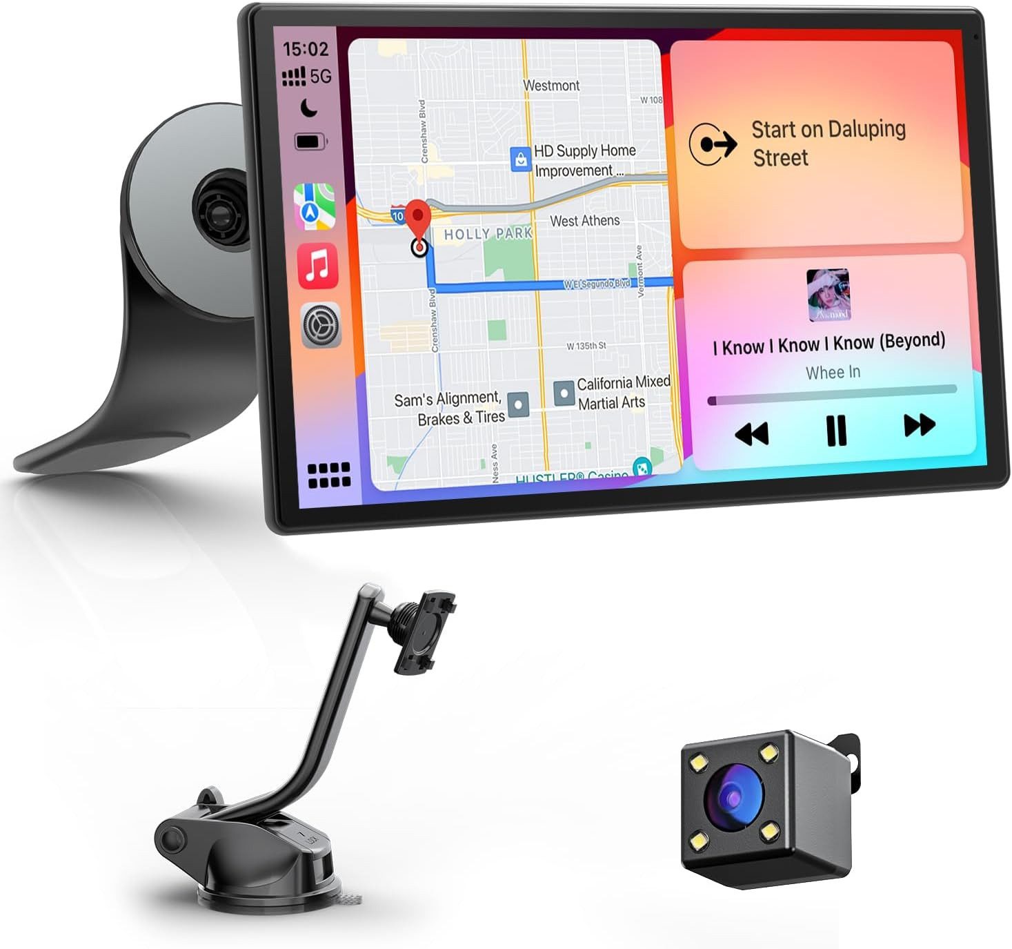 COOAU 9" Tragbares Wireless CarPlay 1024*600 IPS-Bildschirm Display Dashcam Dashcam (1024*600HD, WLAN (Wi-Fi), Voice Control/OTA/Bluetooth/AUX/FM, Hochformat/Querformat, Magnetic+Suction Cup Mounts)