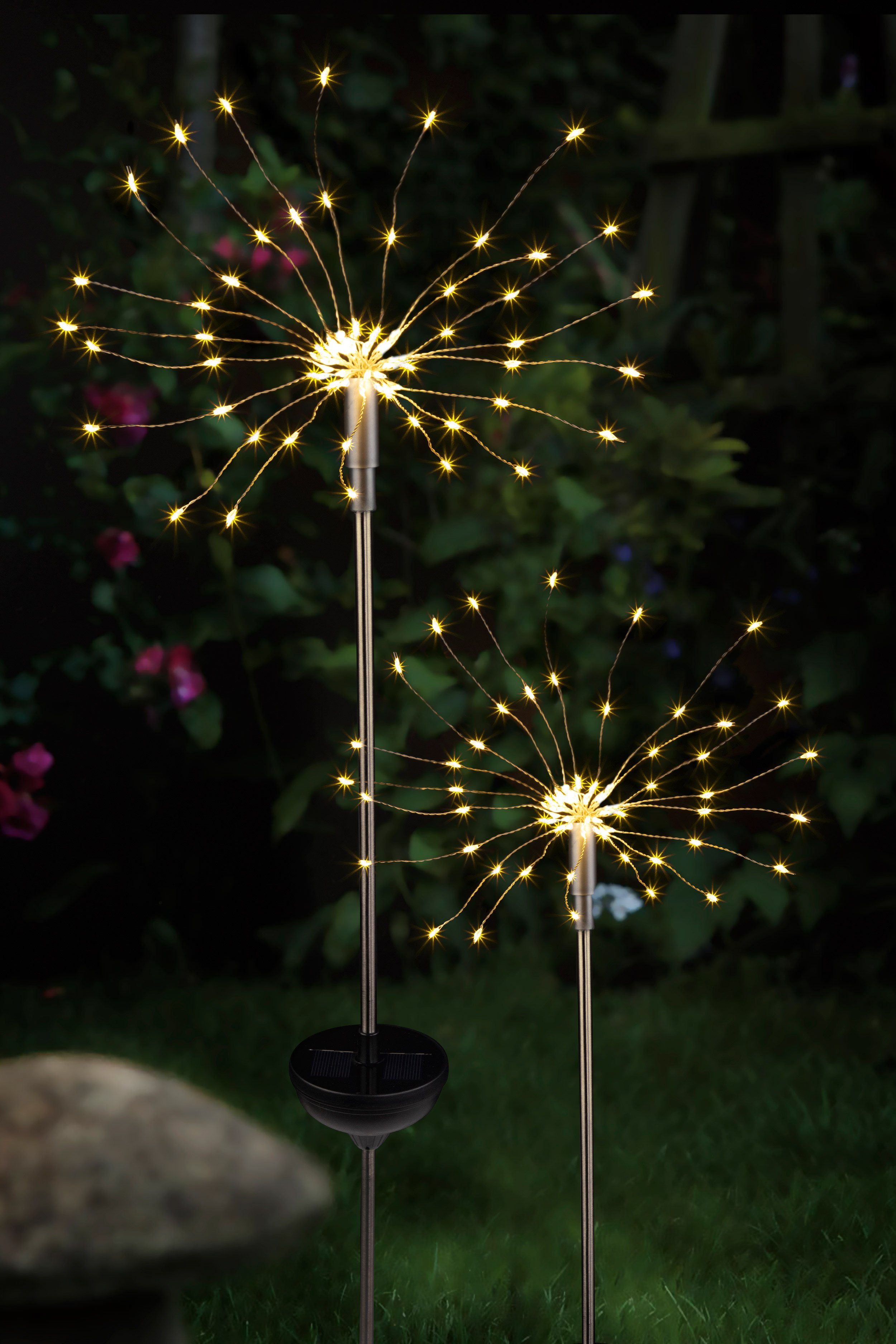IC Gardenstyle LED Solarleuchte 2er Set Dekoleuchte Feuerwerk, moderne Gartenleuchte, inkl. Erdspieß, kabellos, insgesamt 120 LEDs, Höhe: ca. 85 cm warm-weiß