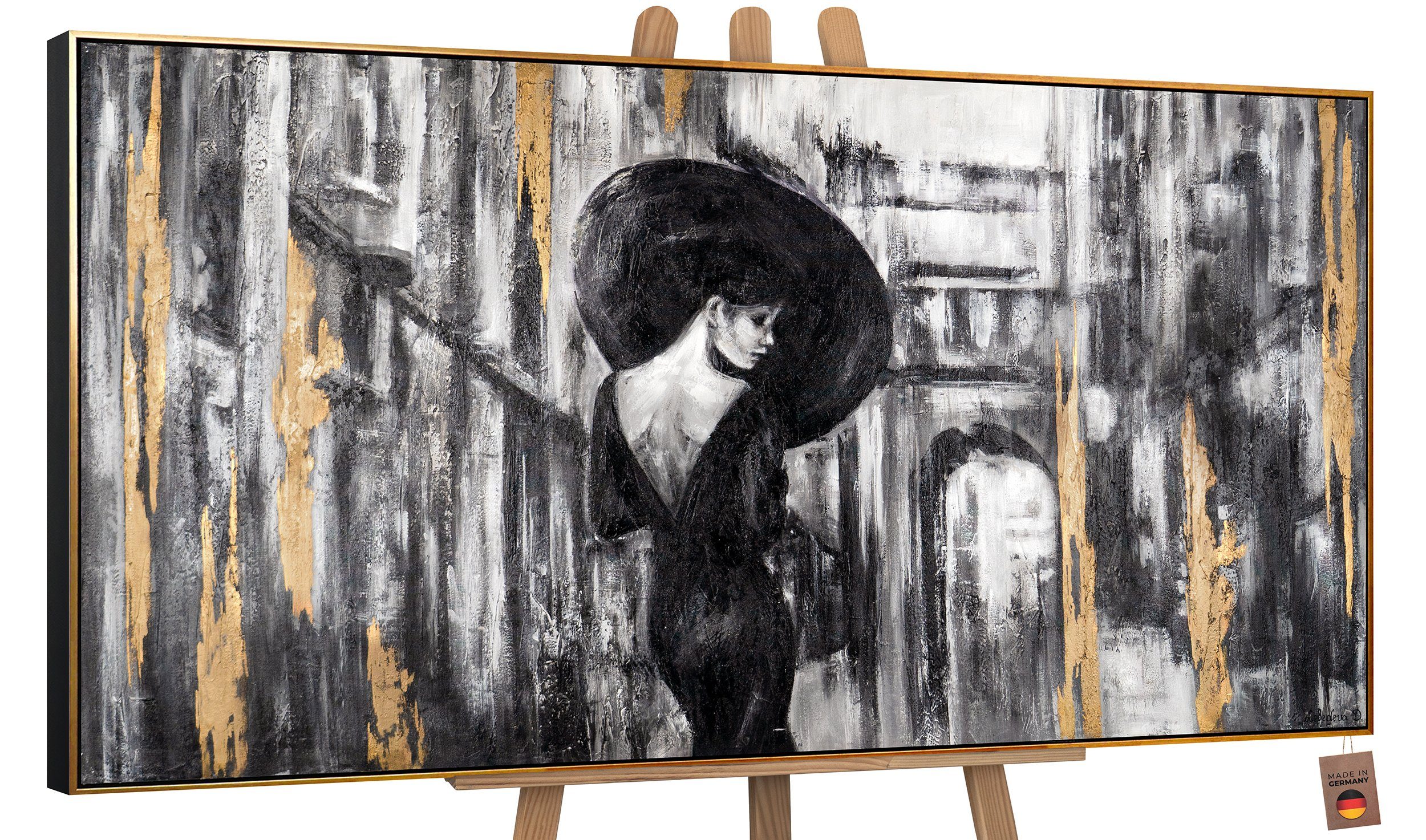 YS-Art Gemälde Filmstreifen, Menschen, Regenschirm Bild in Gold Handgemalt Leinwand Gold Frau Mit mit Schwarz Rahmen Schwarz