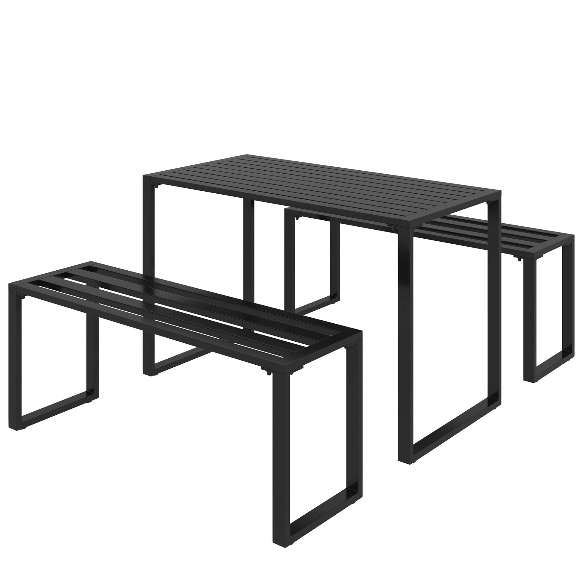 OKWISH Sitzgruppe 3‑tlg. Outdoor-Möbelset in Schwarz aus Metall mit Tisch & 2 Sitzbänken, (Set, 3-tlg., Festgarnitur & Sitzgruppe für Terrasse, Hof & Balkon), 110 x 55 x 70 cm, für Mahlzeiten oder gesellige Stunden im Freien