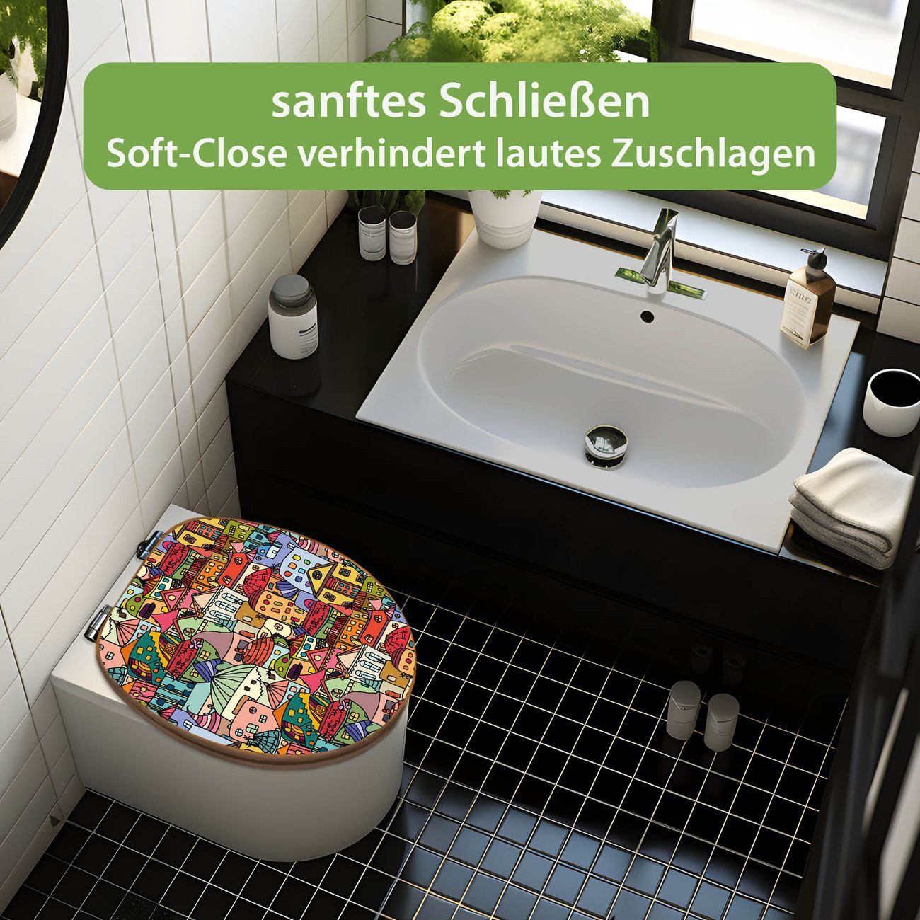 banjado WC-Sitz aus Bambus mit Absenkautomatik Motiv Funky Town (umweltfreundliches Material, integrierte Absenkautomatik), 45,8 x 37,5 x 5 cm