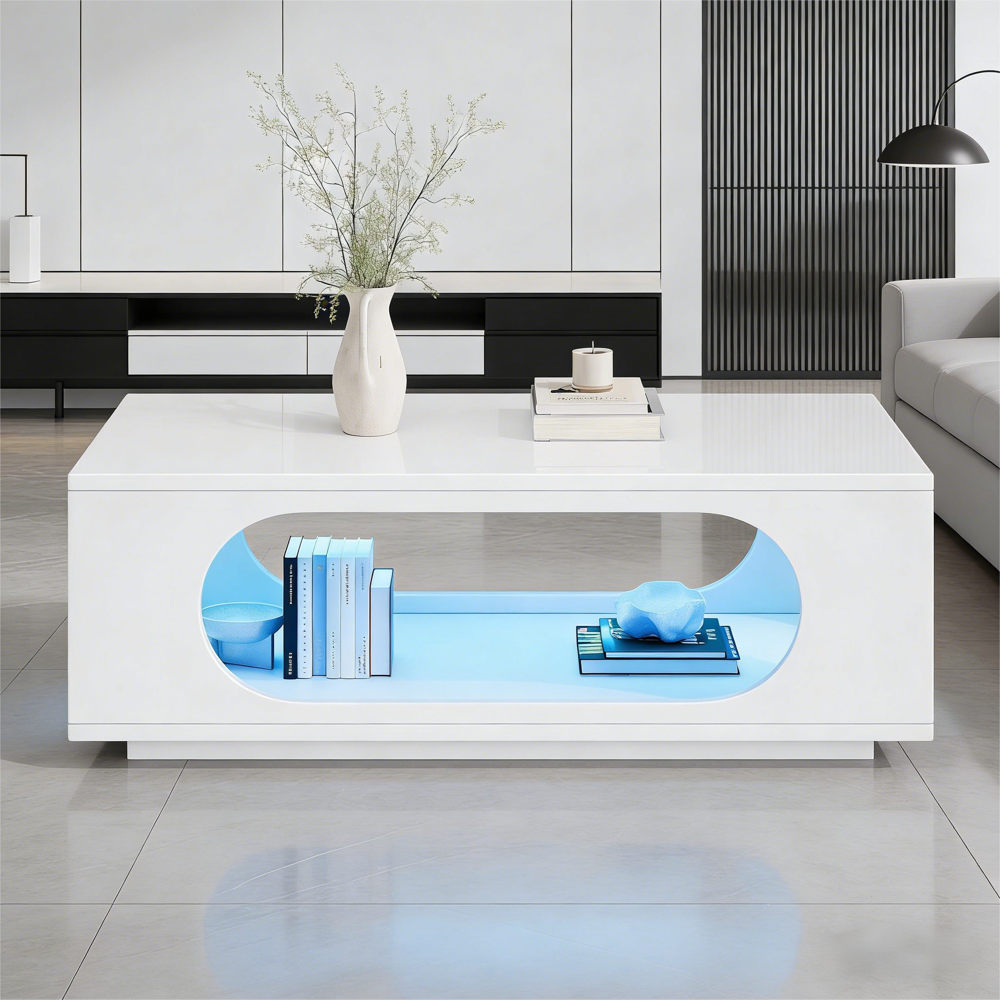 MODFU Couchtisch LED-Couchtisch 100x50x35 cm, App-steuerbar (Packung, 1-St., Hochglanz-Oberfläche, MDF, belastbar bis 30 kg), Praktischer Kaffeetisch mit integriertem Stauraum