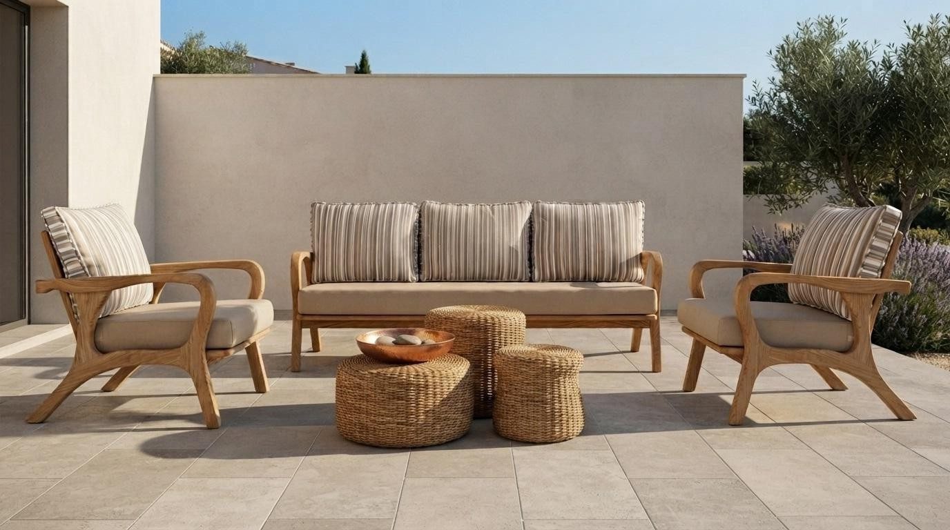 Xlmoebel Gartenlounge-Set Gartenlounge Set 3-Sitzer Sofa Sessel Beige Kissen Modern Elegant, (3-tlg., 3-tlg)