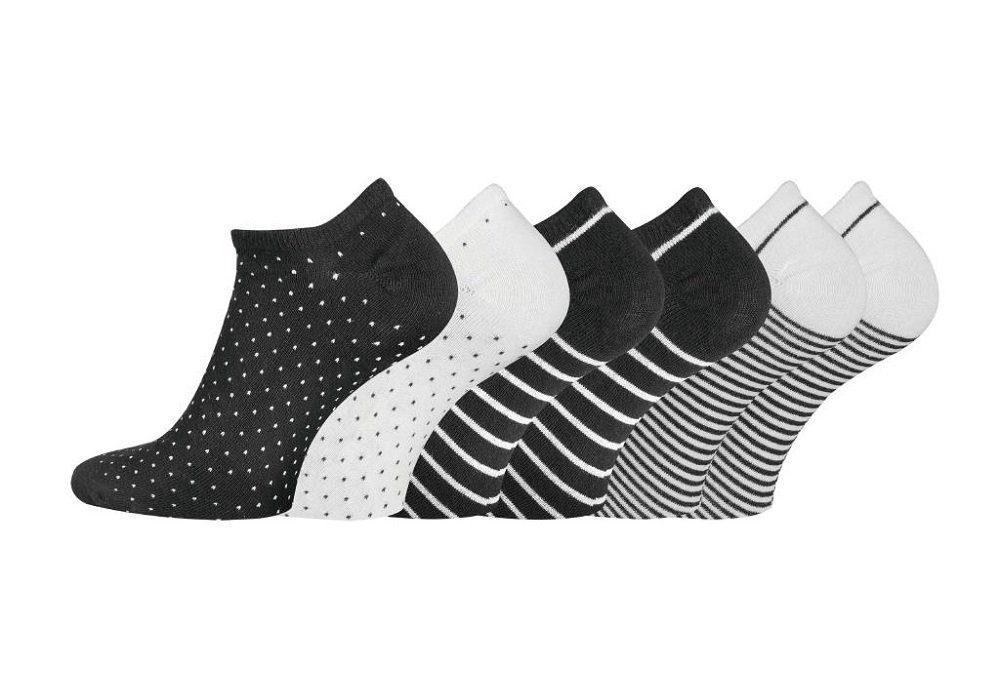 TippTexx 24 Sneakersocken 6 Paar kurze Damensocken, Damen Sneakersocken mit modischen Motiven Black & White