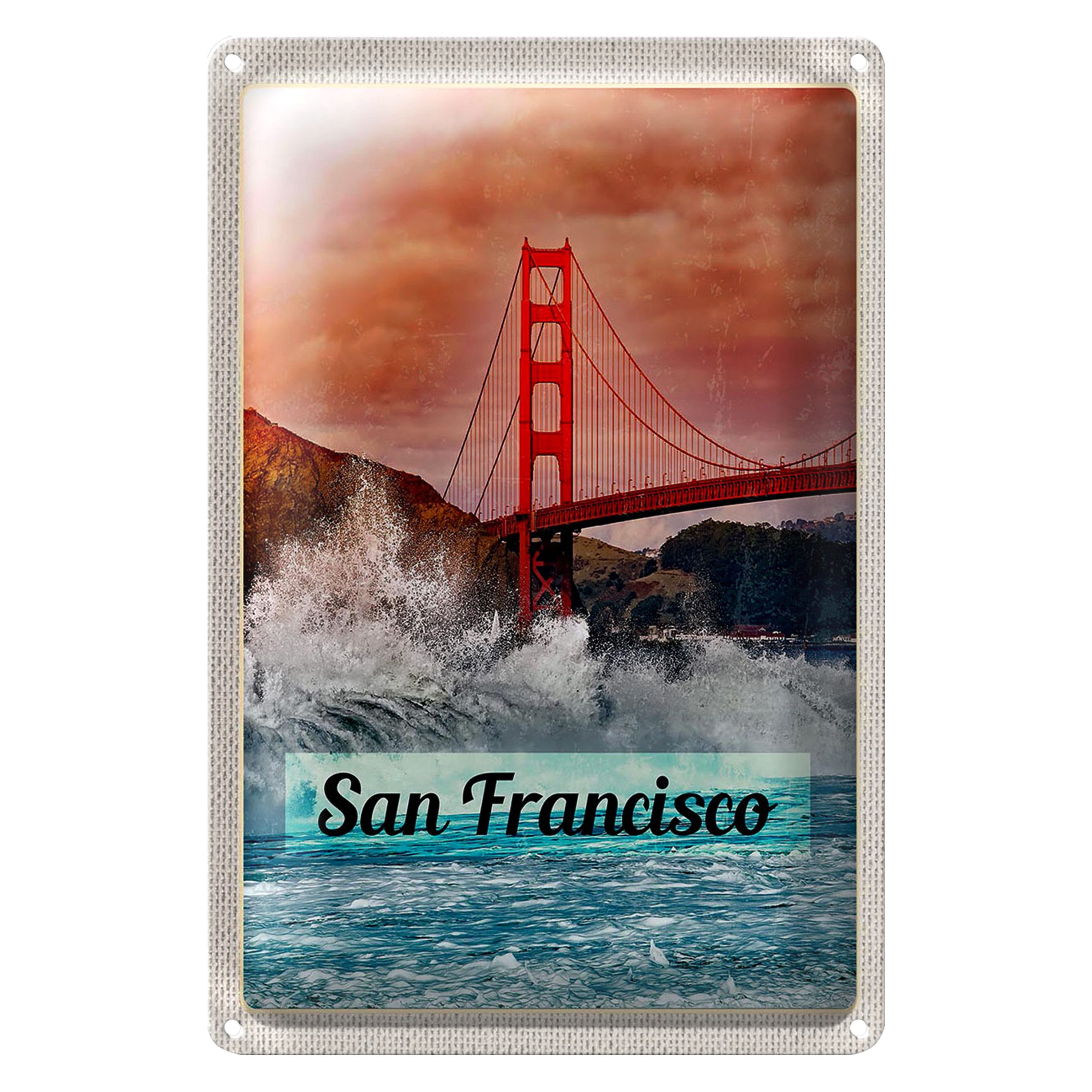 Roomando Metallschild Reise 12x18cm San Francisco Wellen Meer Brücke