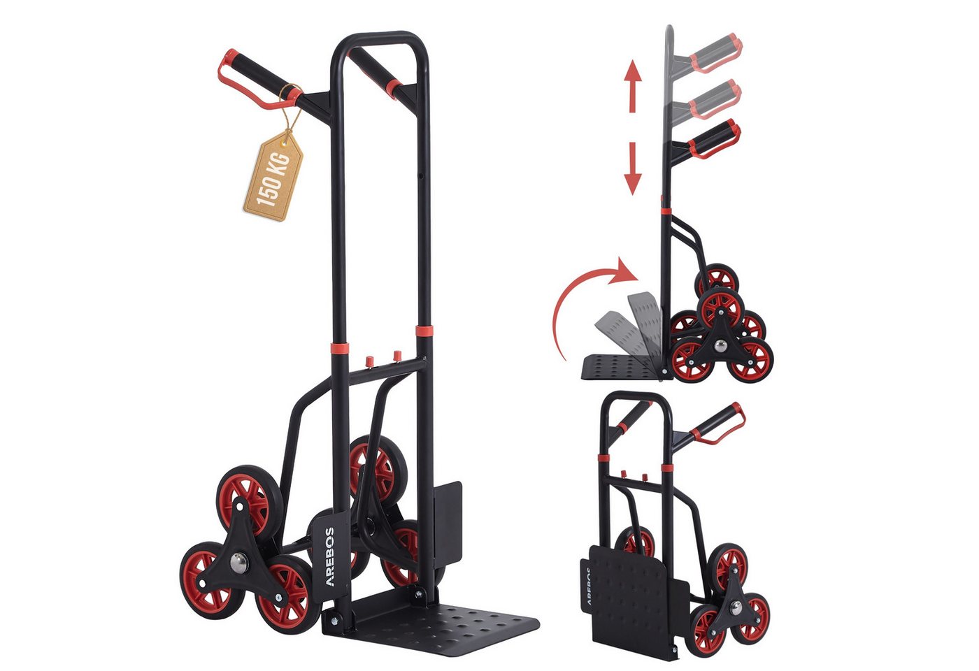 Arebos Treppensackkarre Sackkarre Transportkarre 150kg Treppensteiger Stappelkarre, Höhenverstellbar: 74 - 109 cm, Ladefläche: 31,1 x 28,8 cm