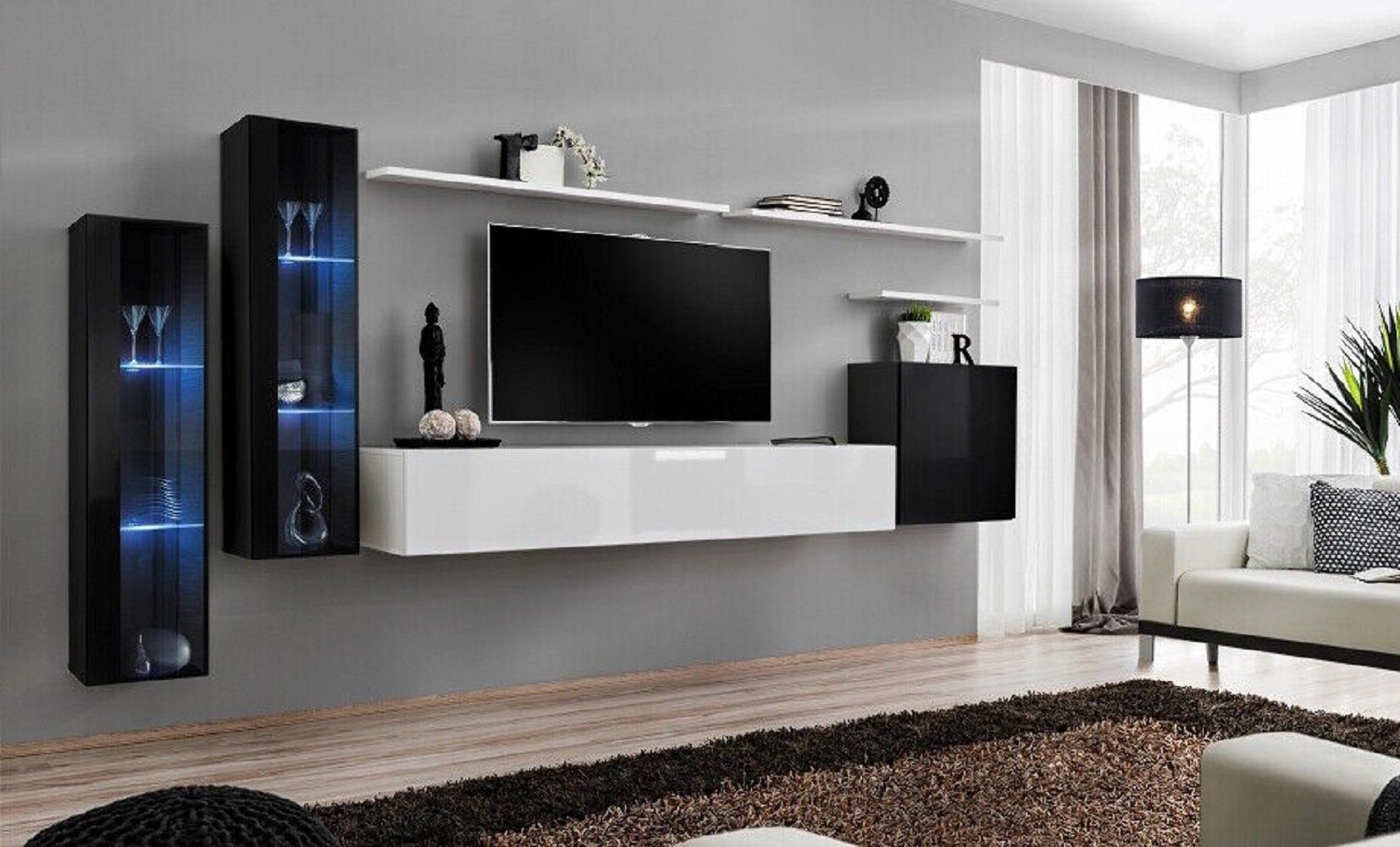 Wohnwand Europa Wandschrank Vitrine, 3x 1x Wandschrank Wohnzimmer-Set TV-Ständer in Weiß + 3x (8-St., + Made TV 1x Wohnzimmer Wandregal Design Luxus + JVmoebel Ständer Wandregal),