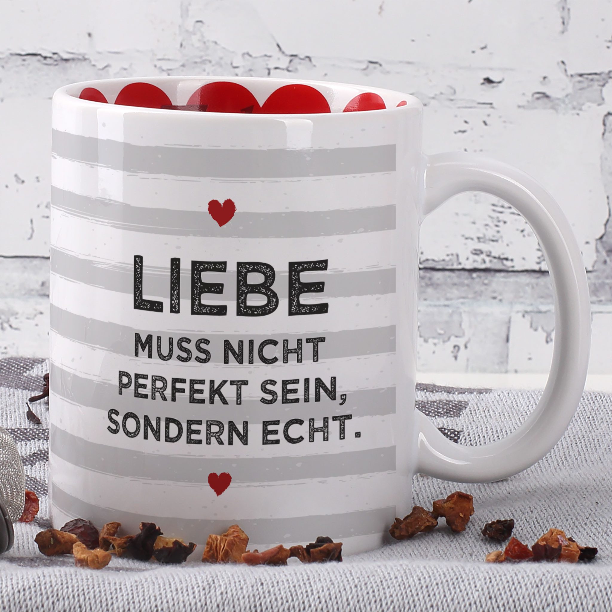 Herz & Heim Tasse mit Liebes-Motiven für Paare & Verliebte als Geschenk zum Valentinstag, innen & außen bedruckt