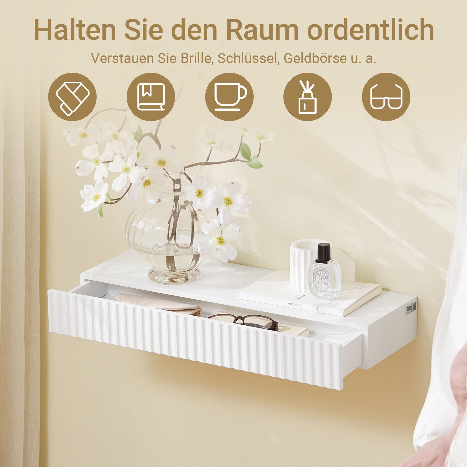 SoBuy Wandregal FHK38, Schweberegal mit Schublade & LED-Bewegungssensor-Licht, Regalbrett 60cm, Wandmontage, Schlafzimmer Flur, batteriebetrieben