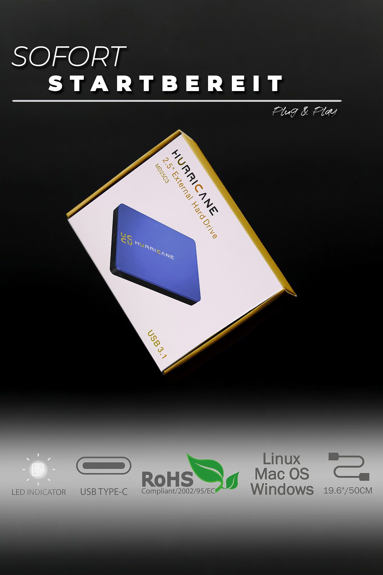 HDD-Festplatte Festplatte externe PS5 Laptop Xbox, (500GB) Mac TV USB PS4 HURRICANE 500GB Externe kompatibel 2,5", C Windows Linux MD25C3 smart und mit 2,5" für Tragbare