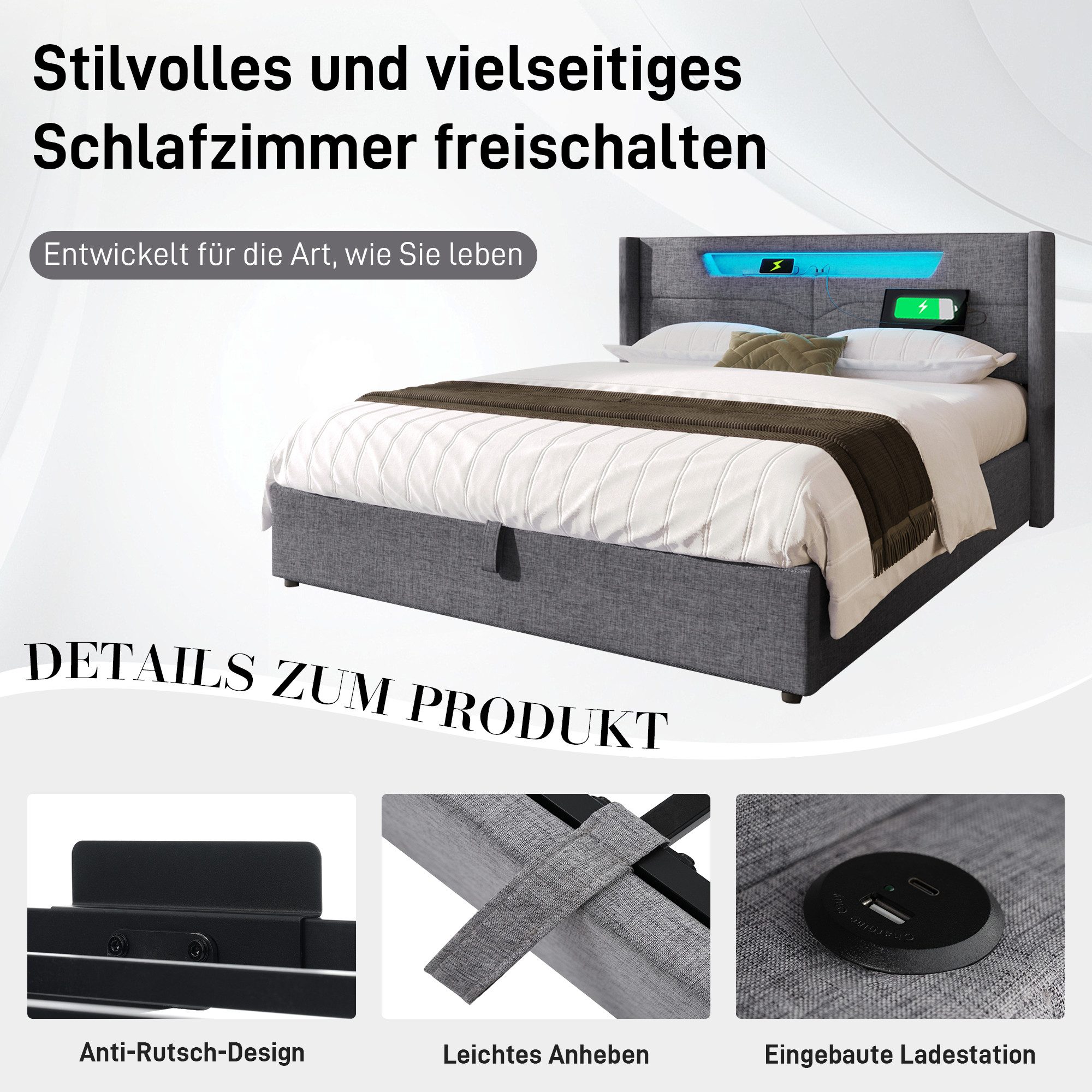 Celya Polsterbett Doppelbett mit USB, Typ C Ladefunktion und LED-Beleuchtung (Ohne Matratze 160x200cm Stauraumbetten Jugendbett mit lattenrost), Geeignet für Schlafzimmer