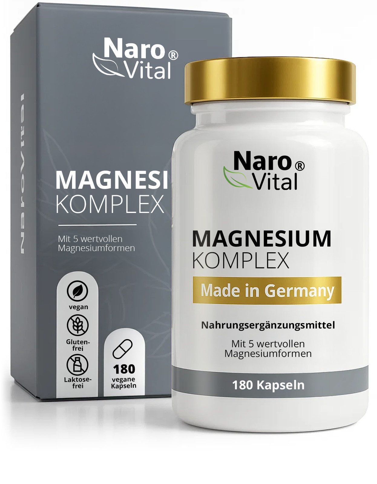 NaroVital Magnesium Komplex - Citrat, Oxid, Glycinat, Malat und Ascorbat - 180 Kapseln, 180 St.