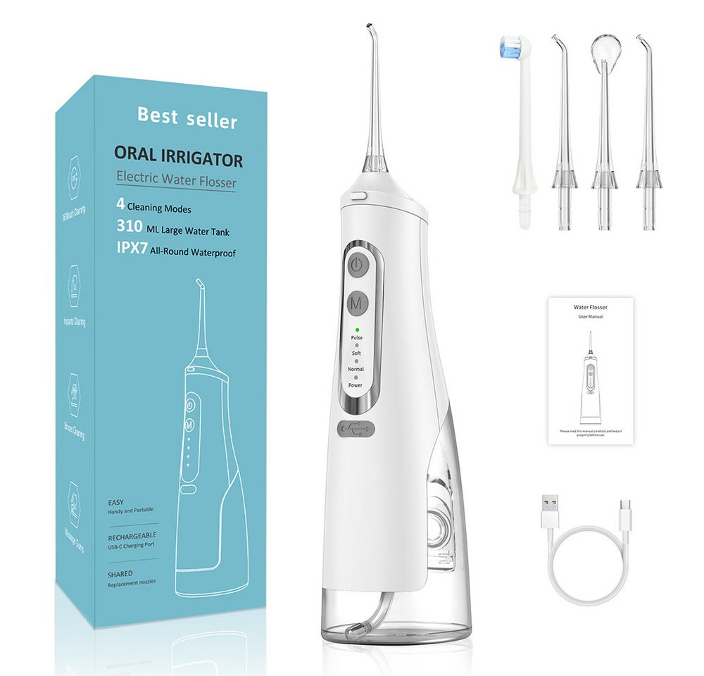 TUWENA Munddusche Leistungsstarke Munddusche Elektrischer Zahnreiniger 4 Modi & 4 Düsen, Wasser Flosser IPX7 Wasserdicht 310ML Abnehmbarer Wassertank