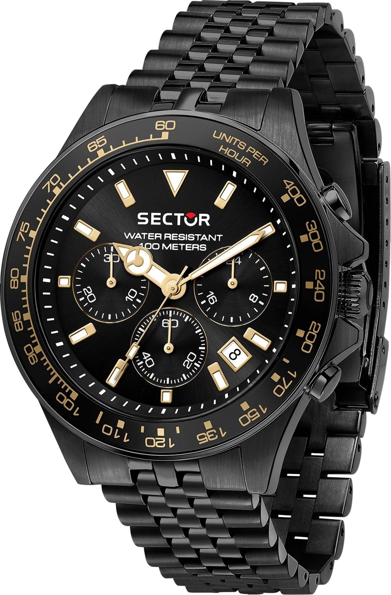 Sector Quarzuhr Sector Herren Armbanduhr Chrono, (Chronograph), Herren Armbanduhr rund, groß (43mm) Edelstahlarmband schwarz, Fashion