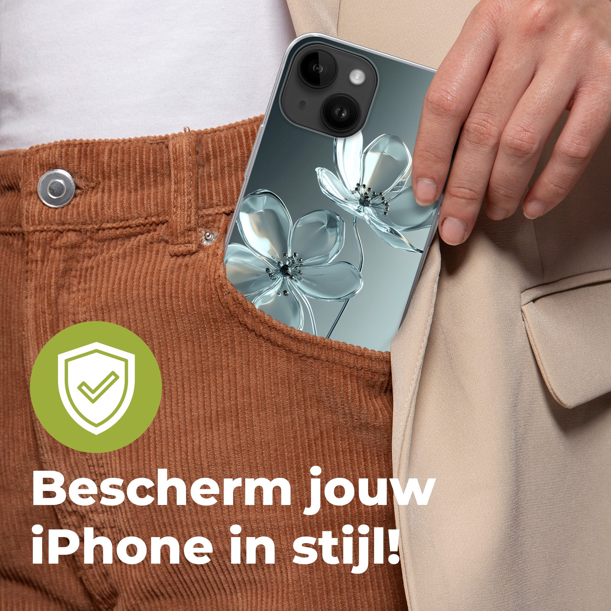 MuchoWow Handyhülle für Apple iPhone 14 Kristall - Blumen - Grau, Smartphone-Bumper, Print, Handy Schutzhülle Dünn